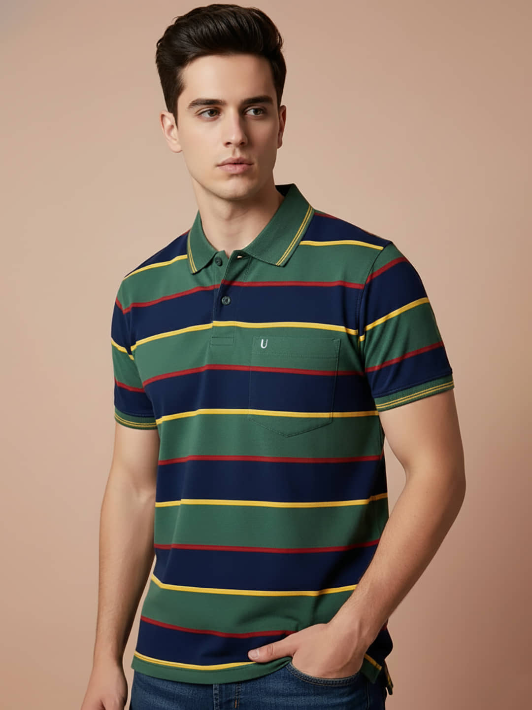 UNIBERRY Men Cotton Blend Regular Fit Striped Polo T Shirt ( Olive )