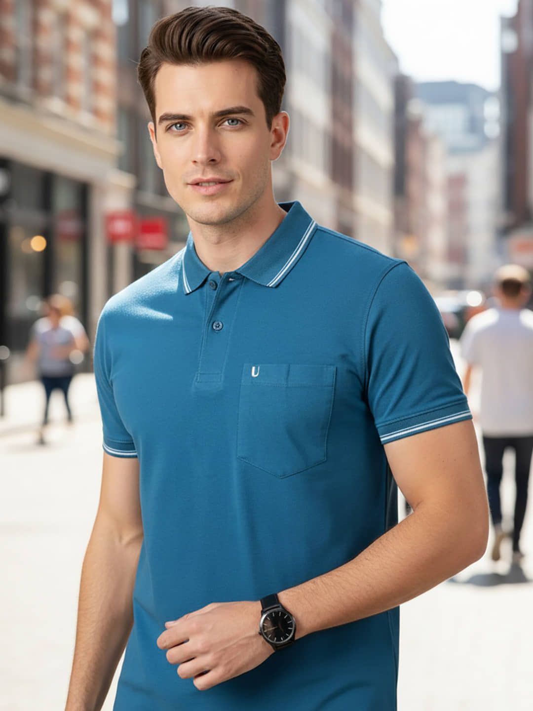 UNIBERRY Men Cotton Blend Regular Fit Solid Polo T Shirt ( Teal Blue )