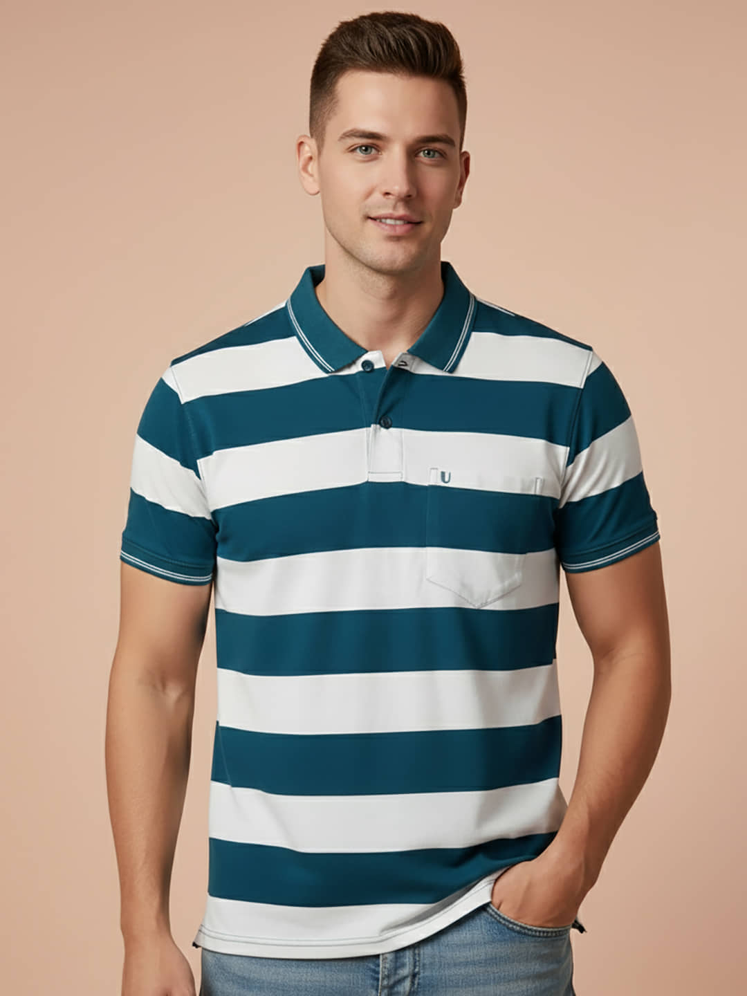 UNIBERRY Men Cotton Blend Regular Fit Striped Polo T Shirt ( Teal Blue )
