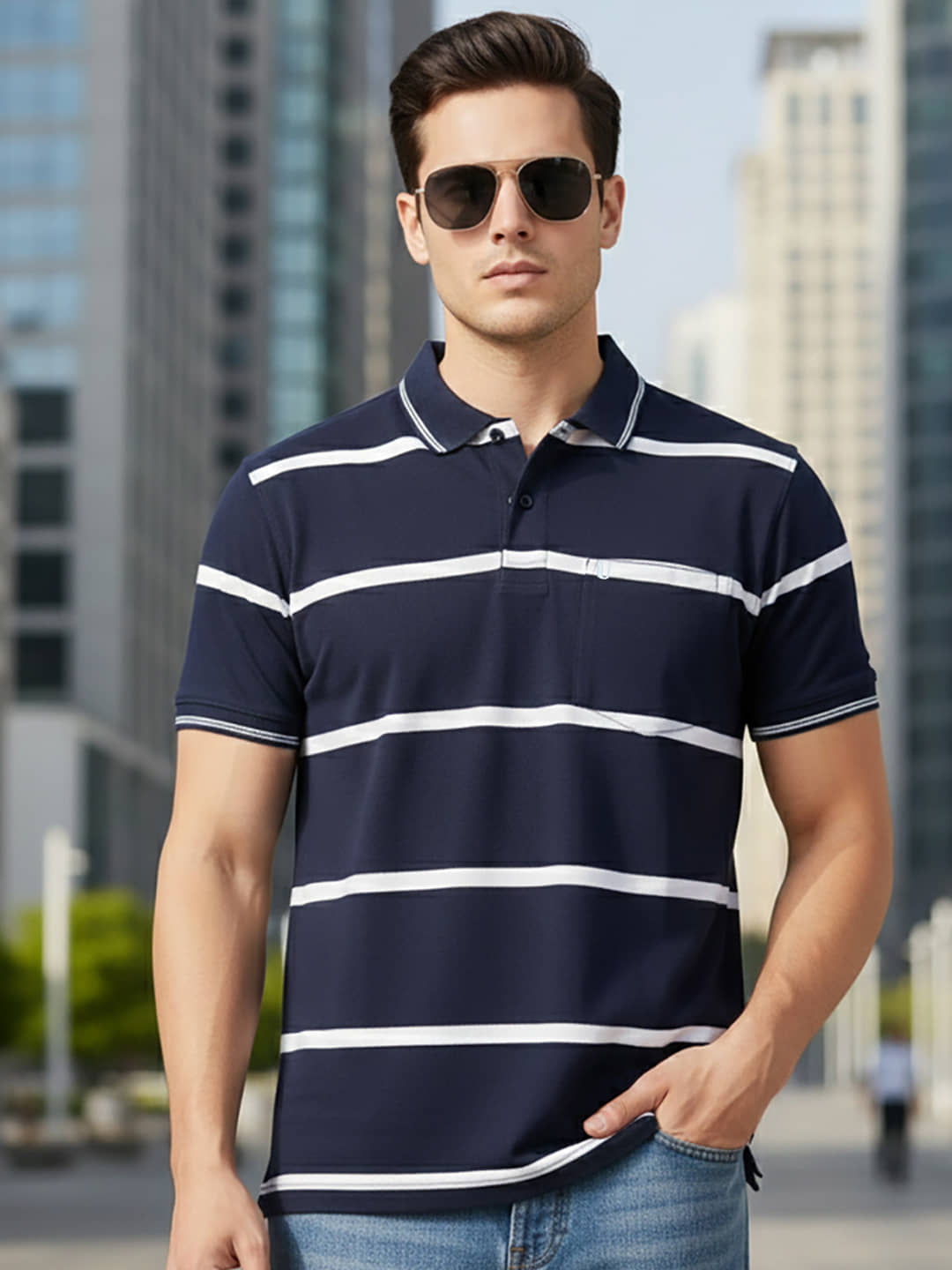 UNIBERRY Men Cotton Blend Regular Fit Striped Polo T Shirt ( Navy )