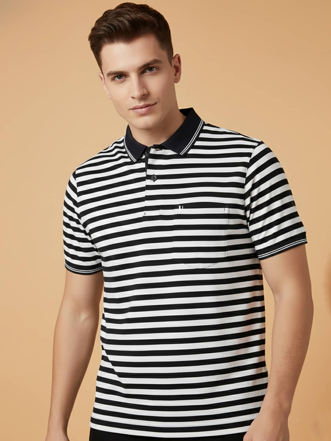 UNIBERRY Men Cotton Blend Regular Fit Striped Polo T Shirt ( Navy )
