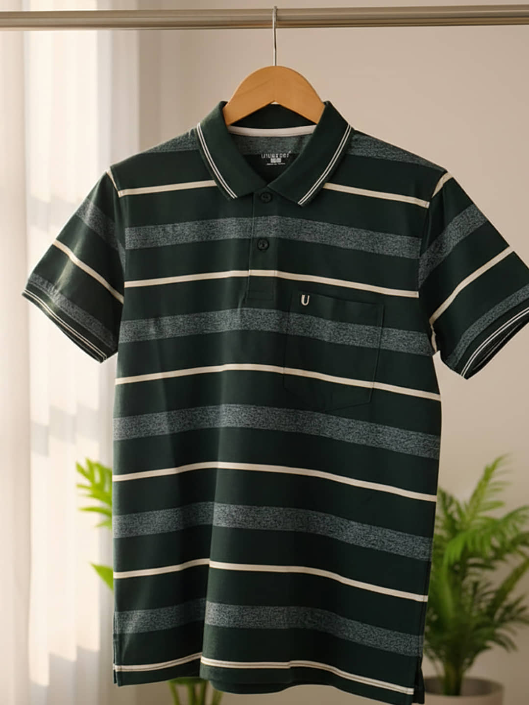 UNIBERRY Men Cotton Blend Regular Fit Striped Polo T Shirt ( Dark Green )