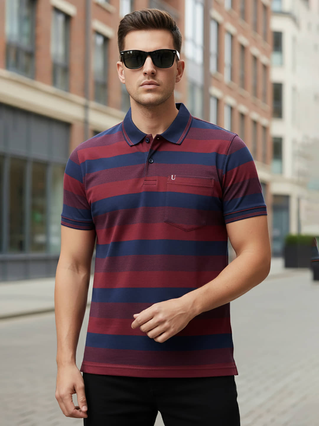 UNIBERRY Men Cotton Blend Regular Fit Striped Polo T Shirt ( Maroon )