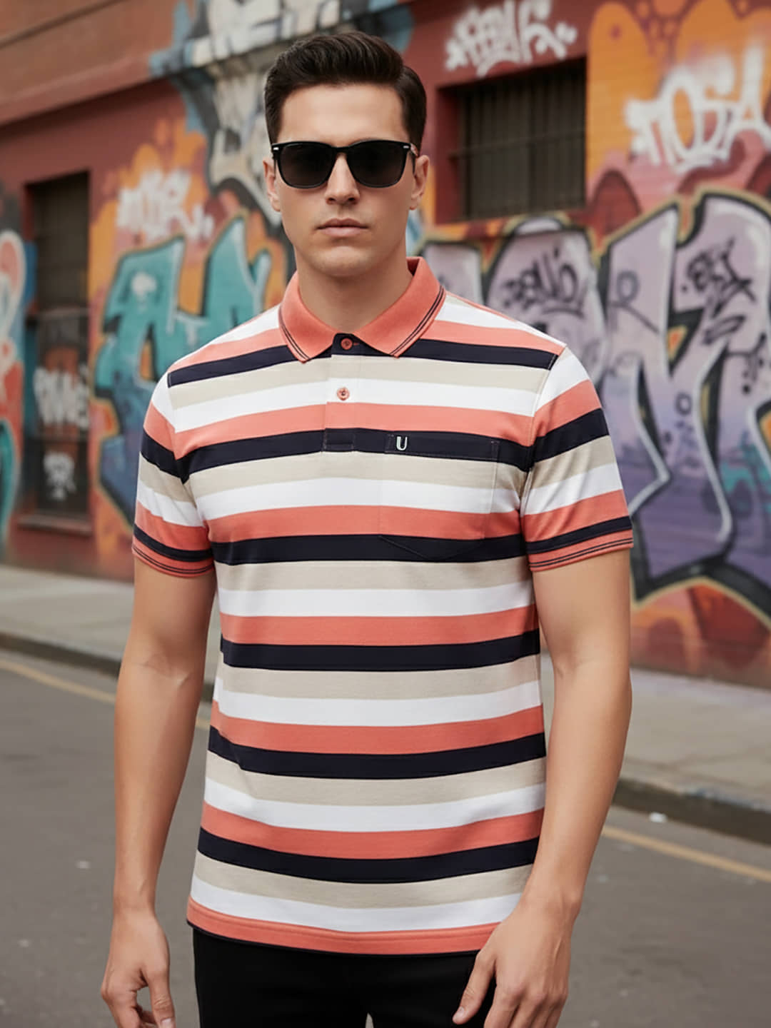 UNIBERRY Men Cotton Blend Regular Fit Striped Polo T Shirt ( Peach )