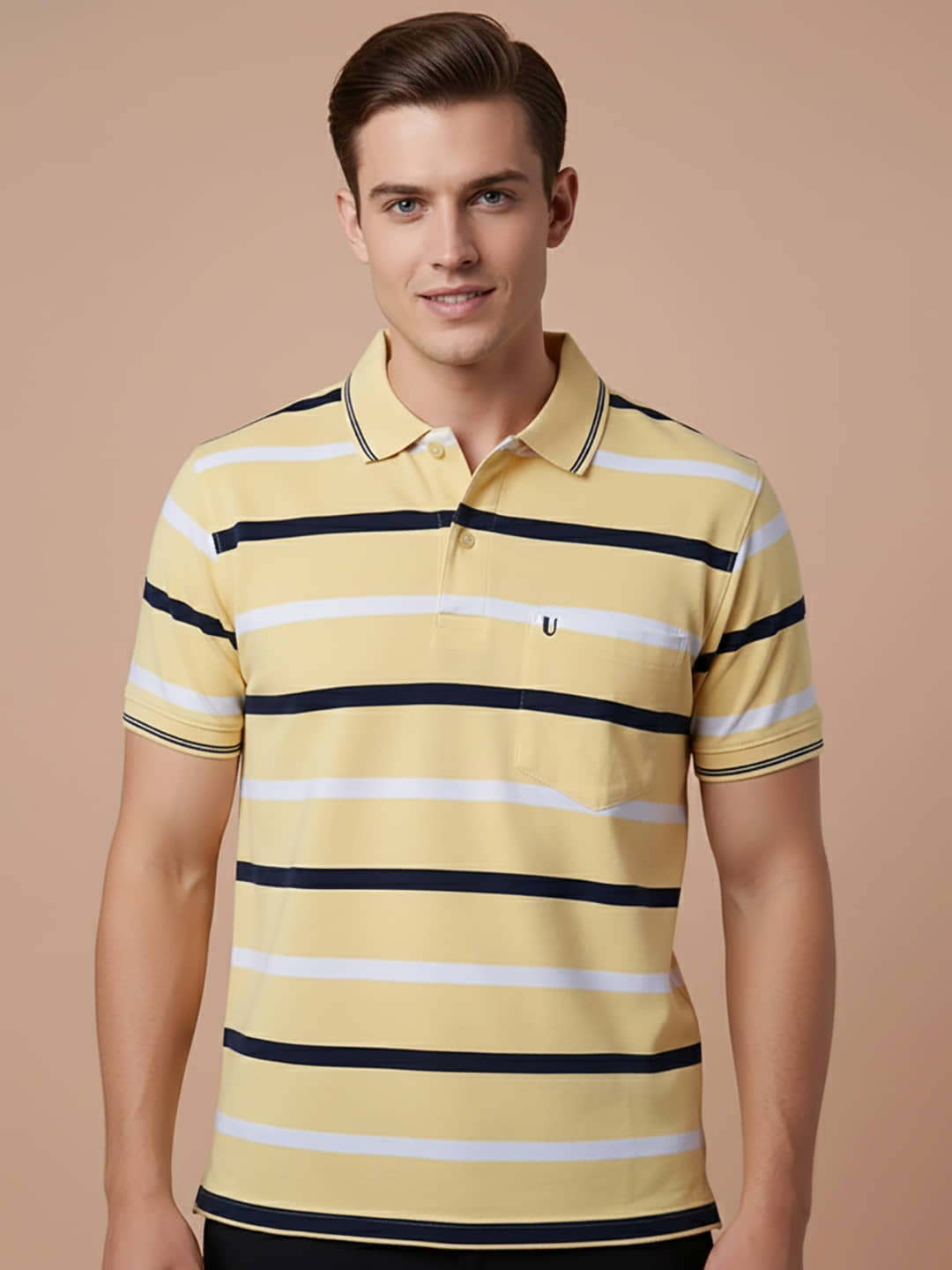 UNIBERRY Men Cotton Blend Regular Fit Striped Polo T Shirt ( Yellow )