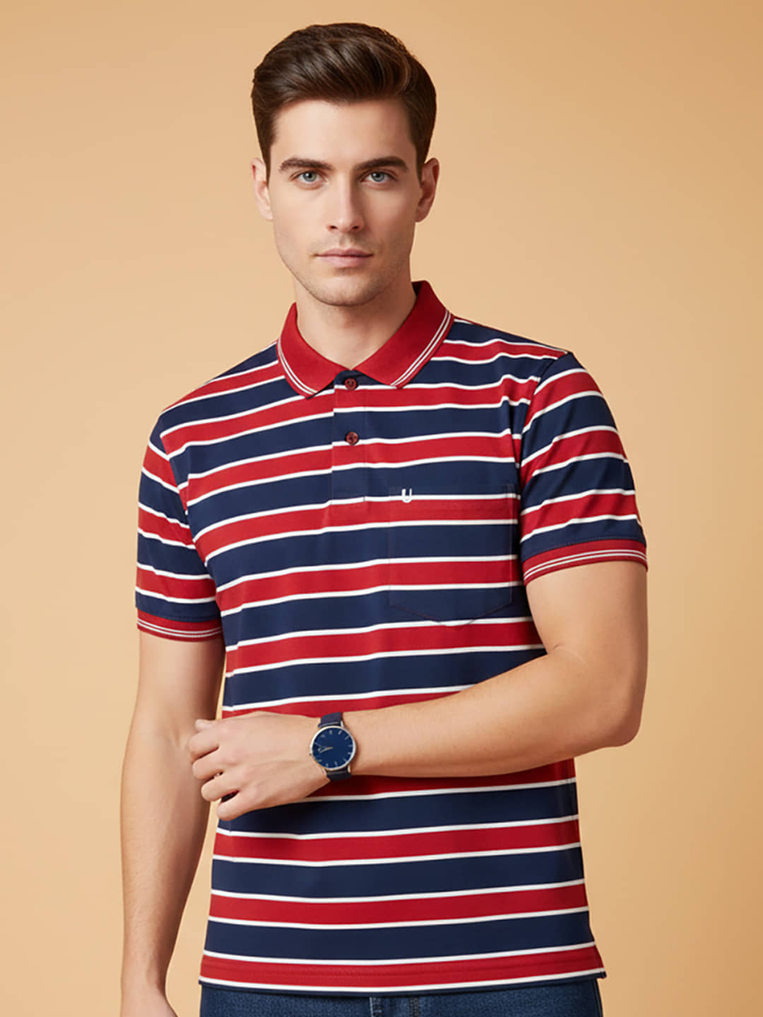 UNIBERRY Men Cotton Blend Regular Fit Striped Polo T Shirt ( Maroon )