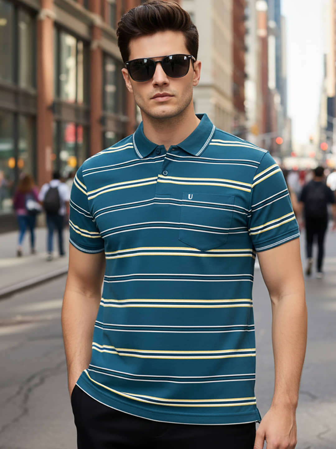 UNIBERRY Men Cotton Blend Regular Fit Striped Polo T Shirt ( Teal Blue )