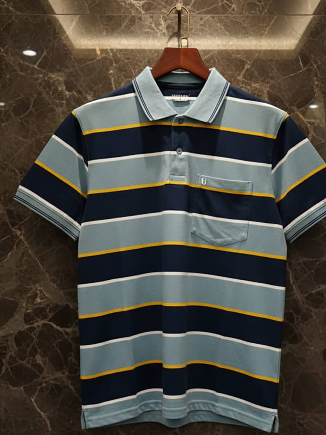 UNIBERRY Men Cotton Blend Regular Fit Striped Polo T Shirt ( Sky Blue )