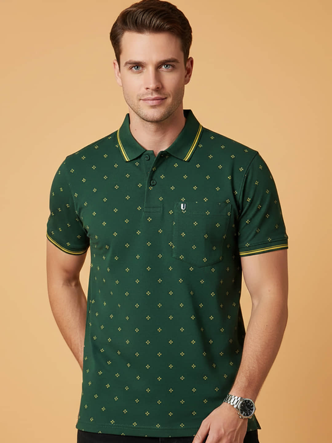 UNIBERRY Men Cotton Blend Regular Fit Printed Polo T Shirt ( Olive )