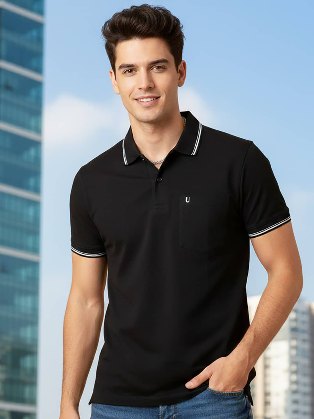 UNIBERRY Men Cotton Blend Regular Fit Solid Polo T Shirt ( Black )