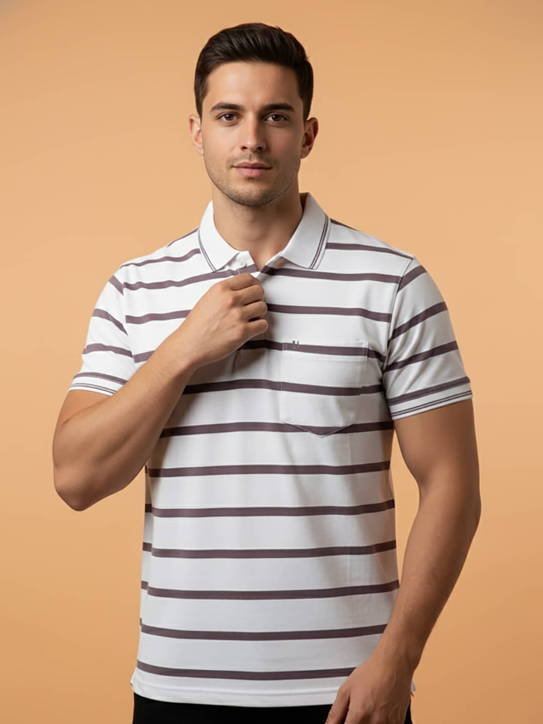 UNIBERRY Men Cotton Blend Regular Fit Striped Polo T Shirt ( White )