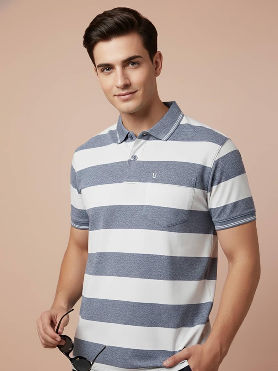 UNIBERRY Men Cotton Blend Regular Fit Striped Polo T Shirt ( Blue )