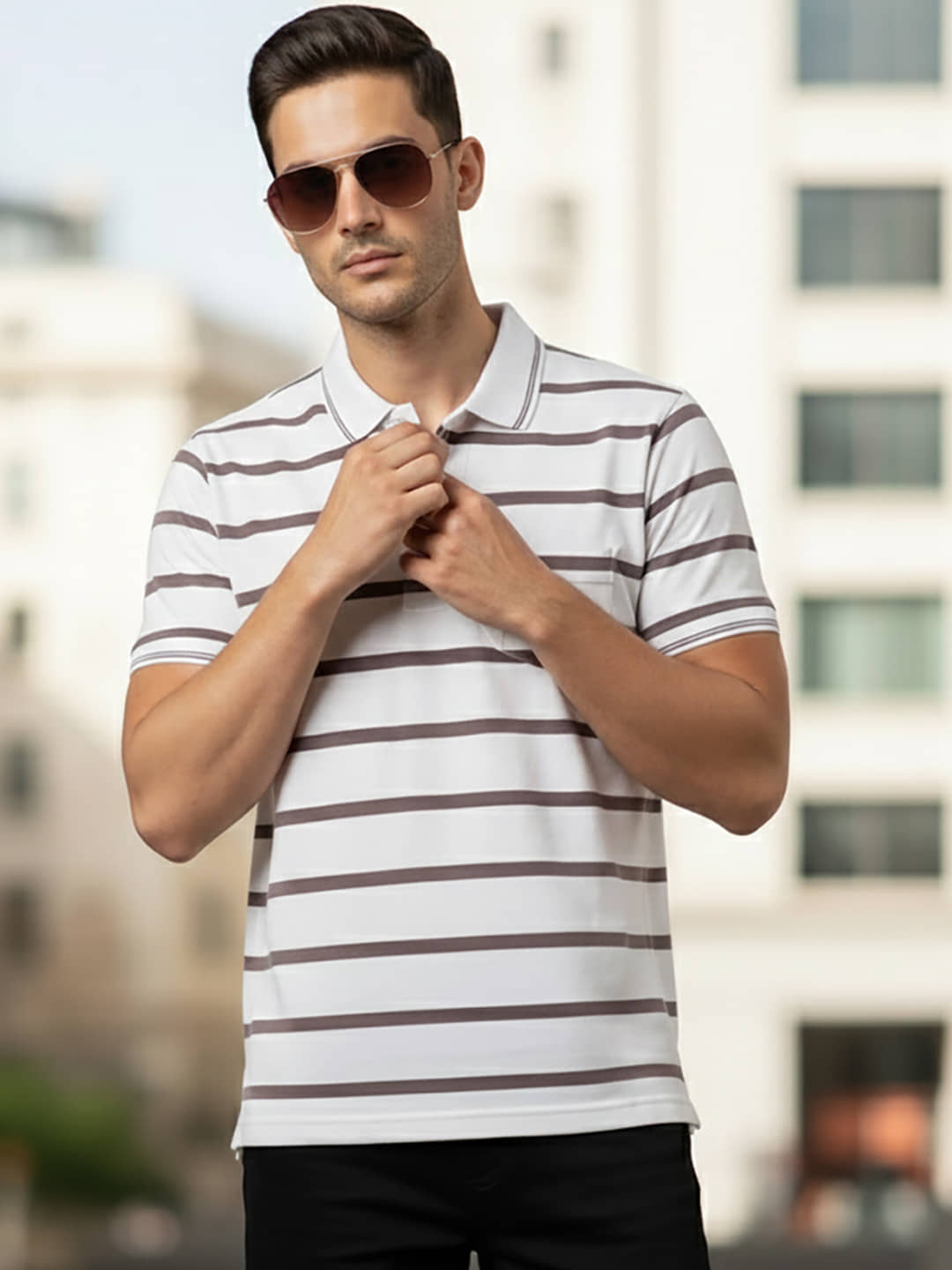 UNIBERRY Men Cotton Blend Regular Fit Striped Polo T Shirt ( White )