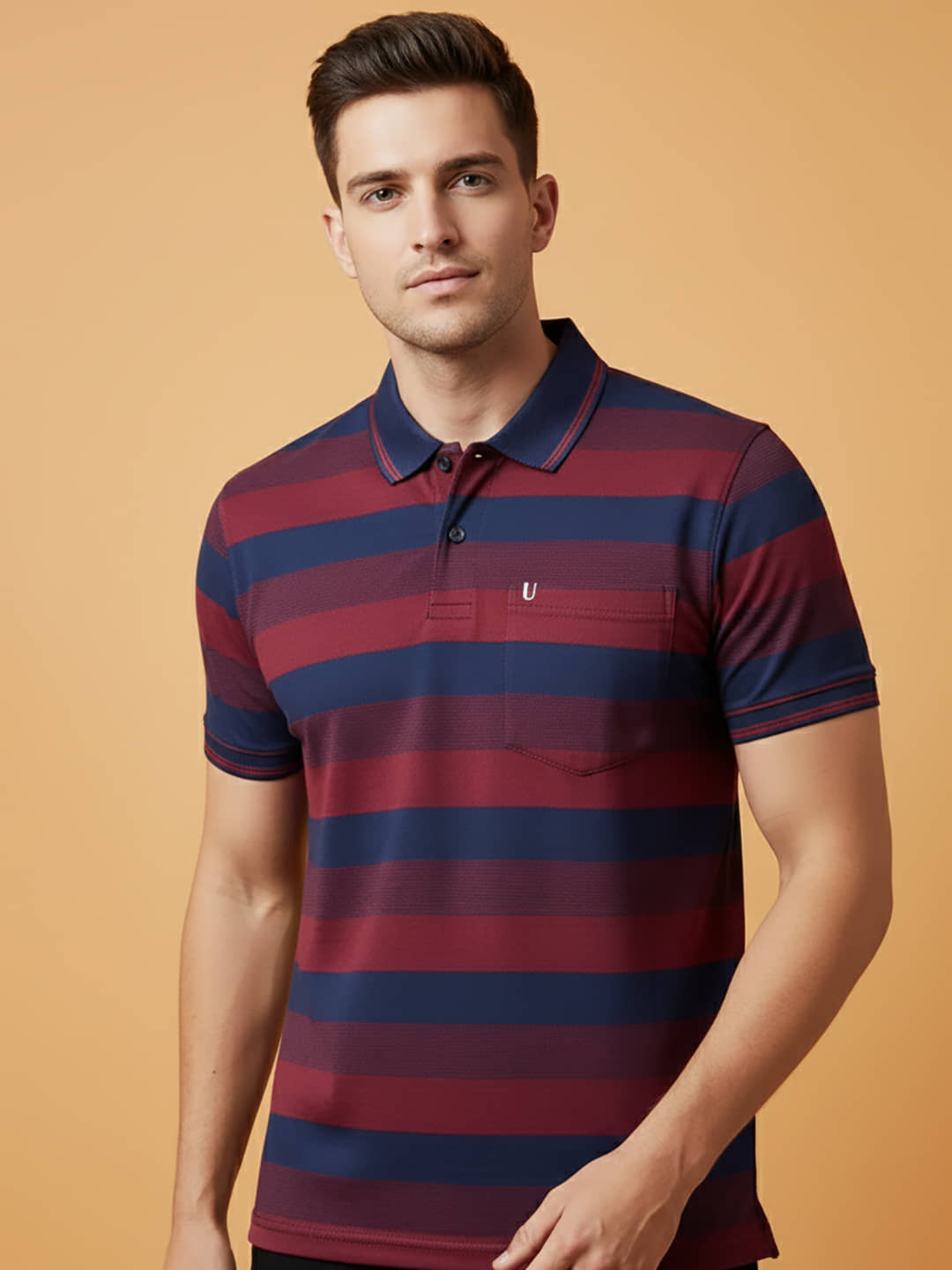 UNIBERRY Men Cotton Blend Regular Fit Striped Polo T Shirt ( Maroon )