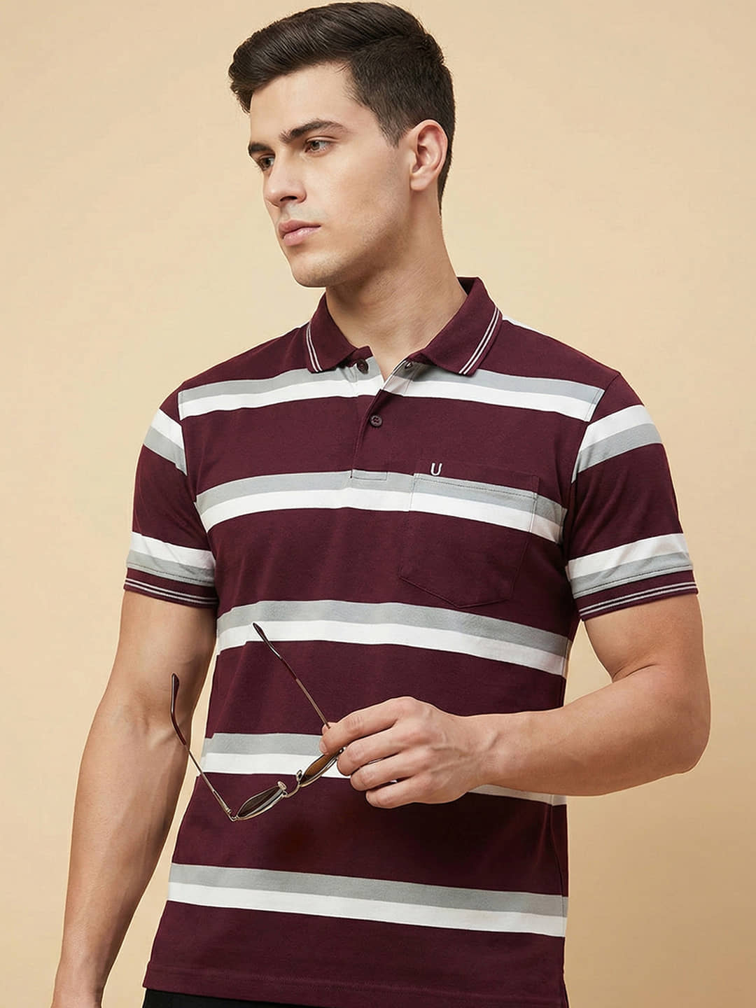 UNIBERRY Men Cotton Blend Regular Fit Striped Polo T Shirt ( Maroon )