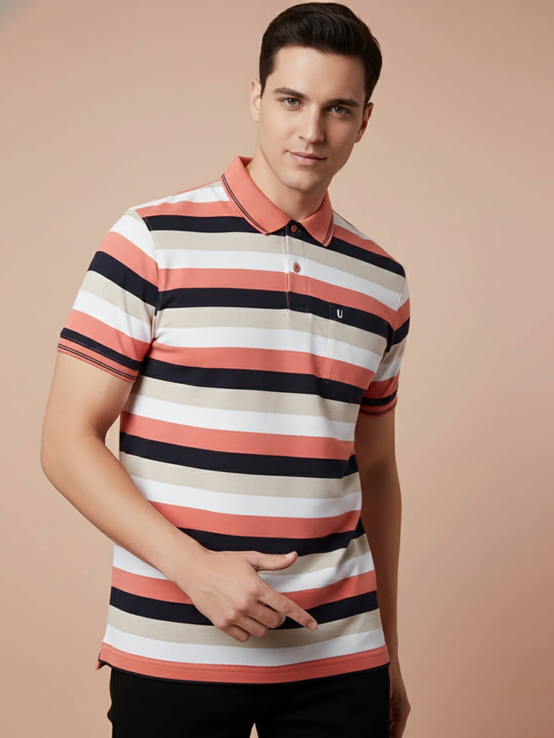 UNIBERRY Men Cotton Blend Regular Fit Striped Polo T Shirt ( Peach )