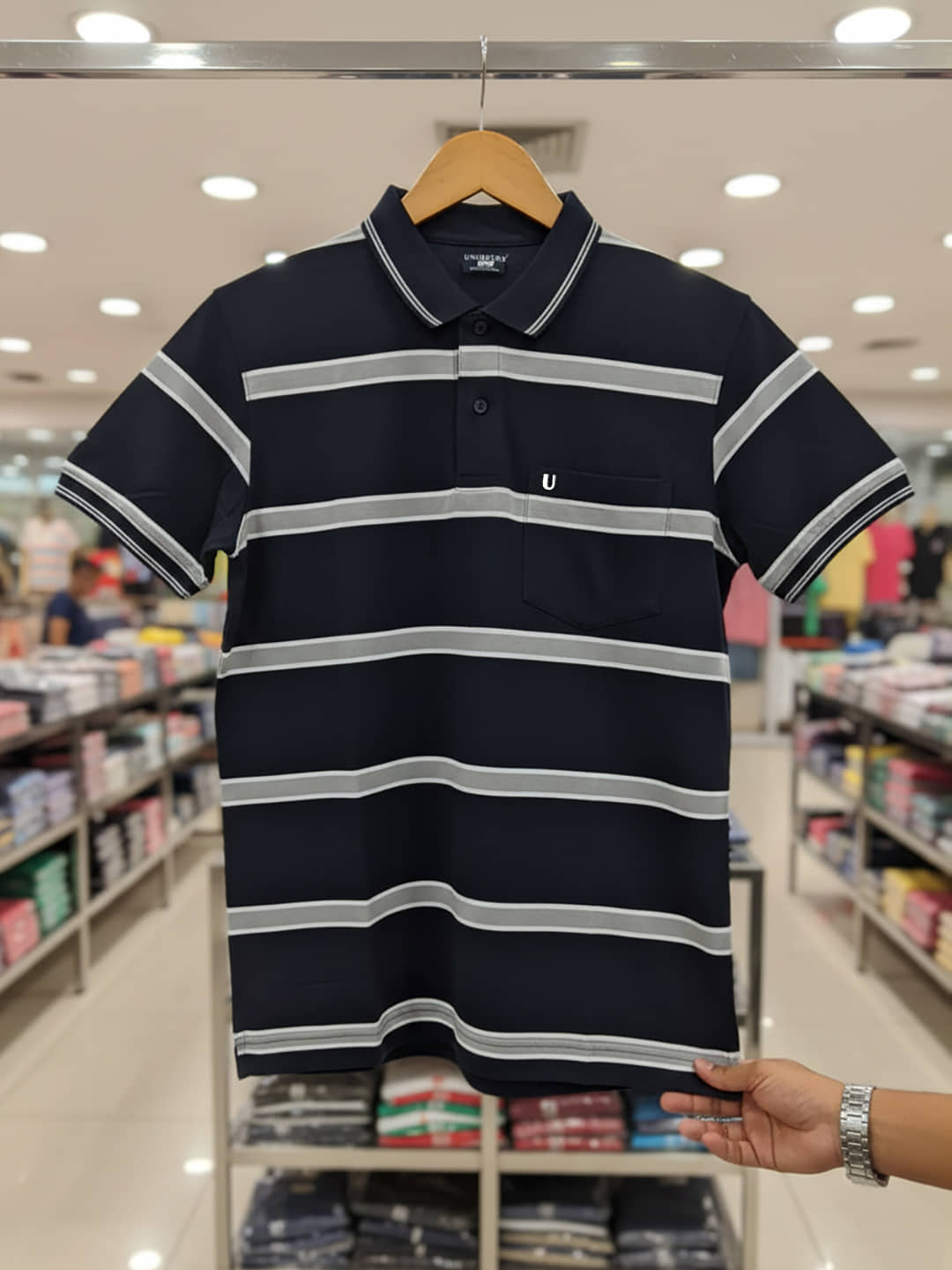UNIBERRY Men Cotton Blend Regular Fit Striped Polo T Shirt ( Navy )