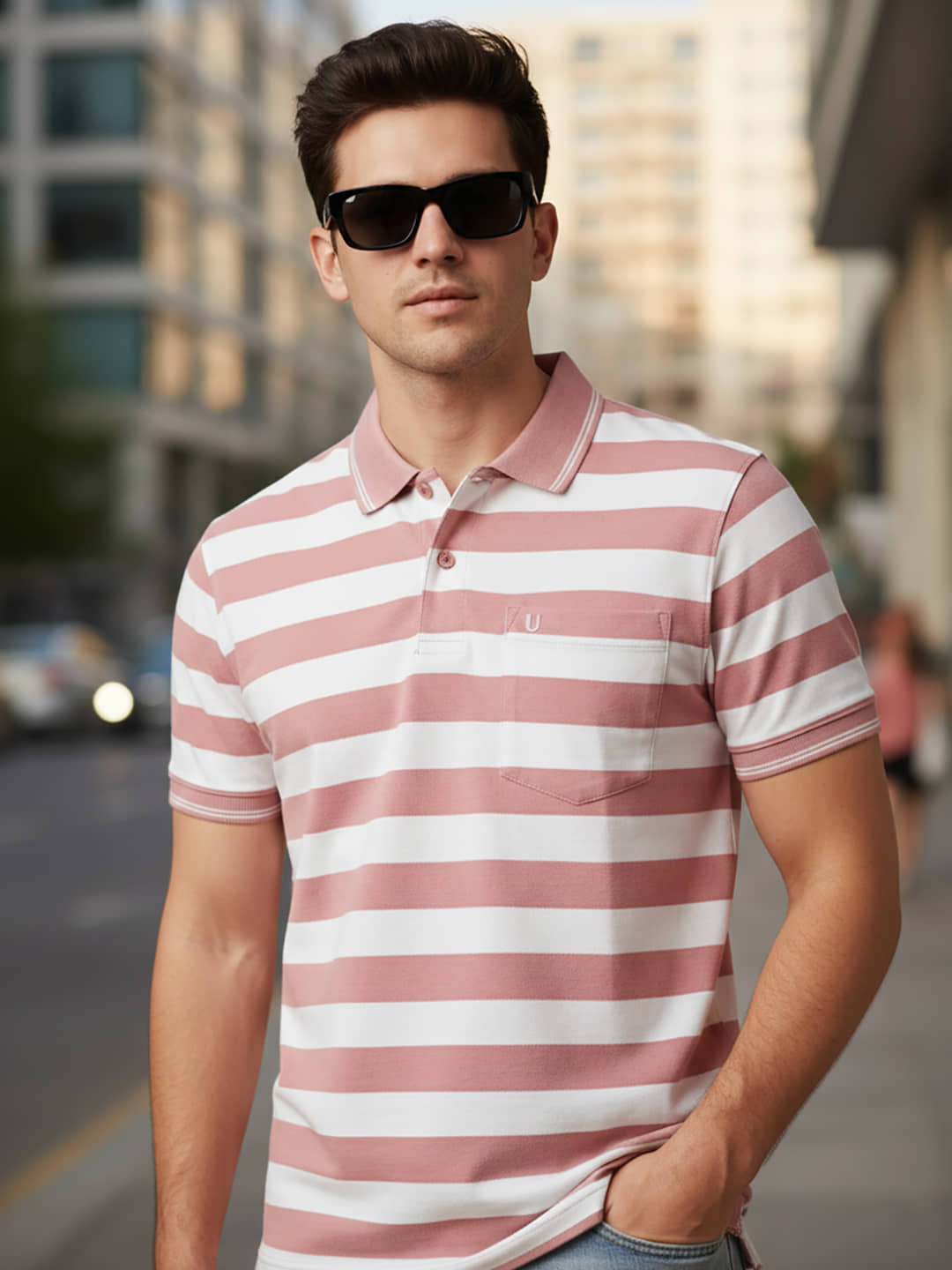 UNIBERRY Men Cotton Blend Regular Fit Striped Polo T Shirt ( Pink )