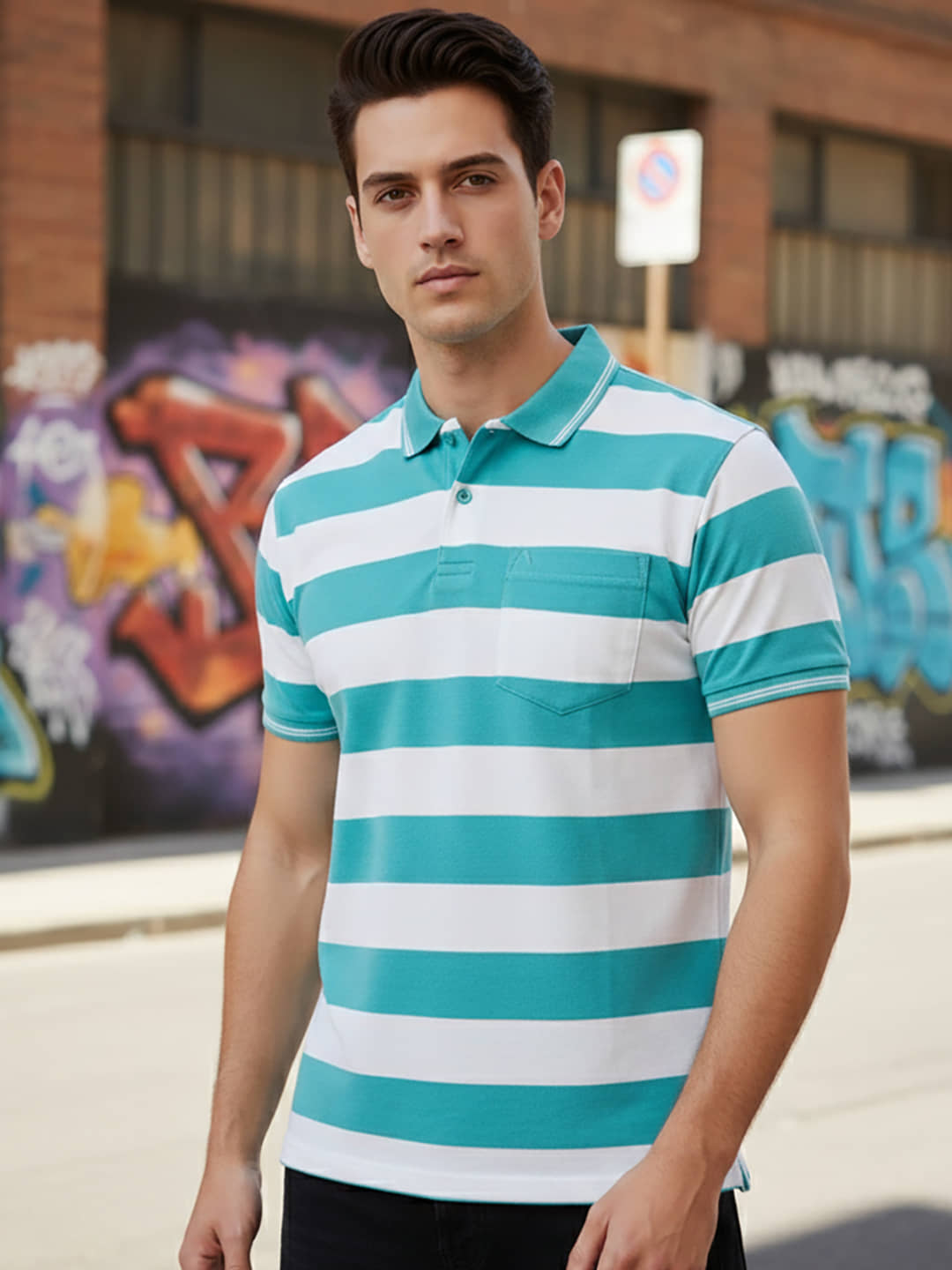UNIBERRY Men Cotton Blend Regular Fit Striped Polo T Shirt ( Navy )