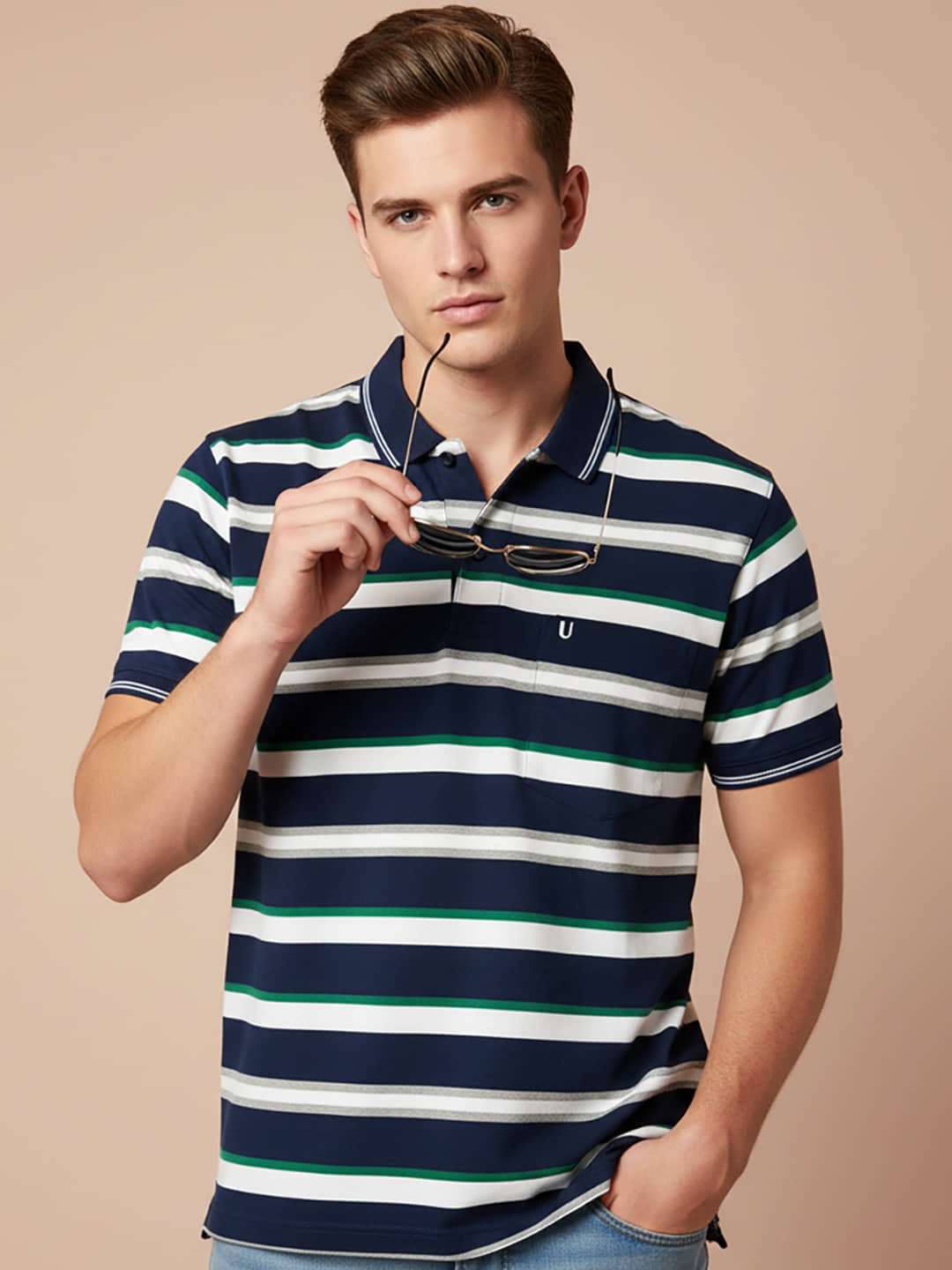 UNIBERRY Men Cotton Blend Regular Fit Striped Polo T Shirt ( Navy )