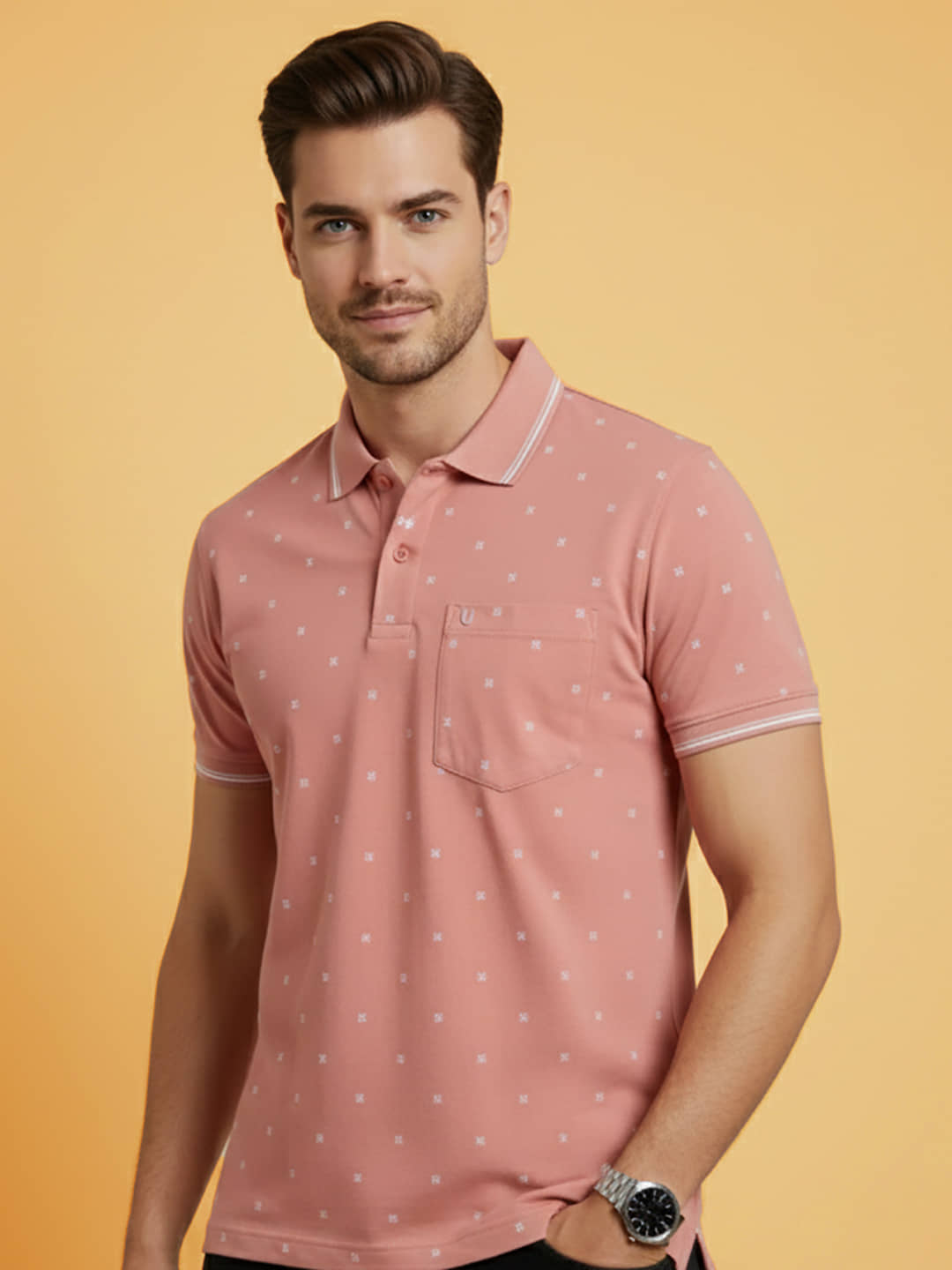UNIBERRY Men Cotton Blend Regular Fit Printed Polo T Shirt ( Peach )