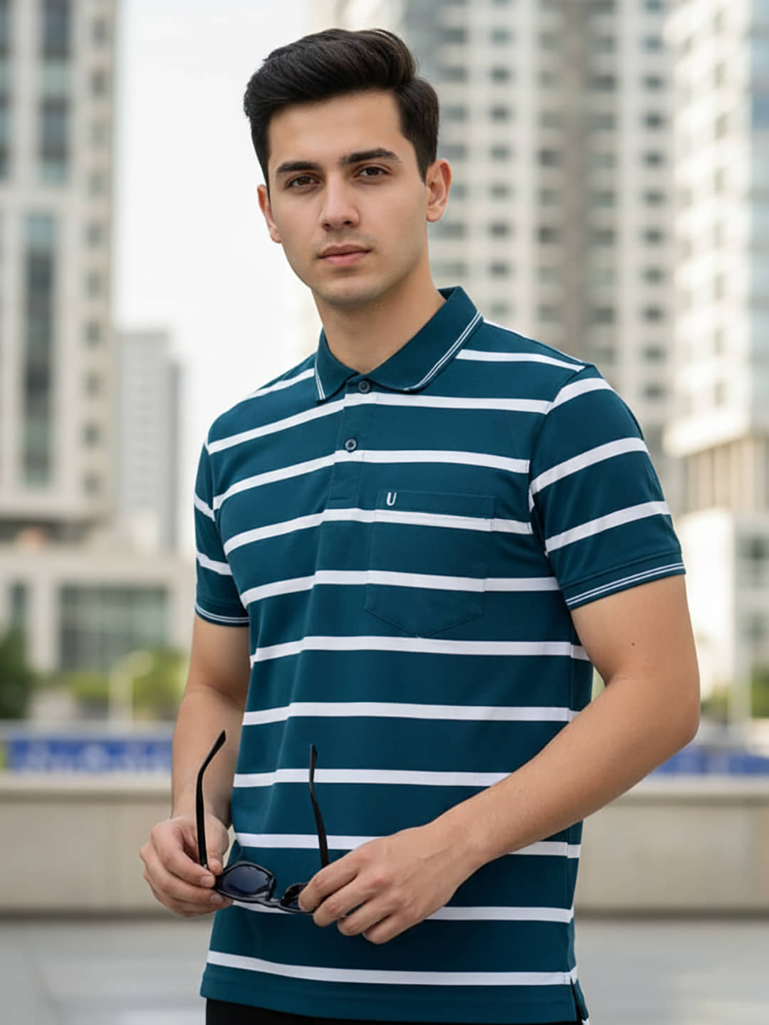 UNIBERRY Men Cotton Blend Regular Fit Striped Polo T Shirt ( Teal Blue )