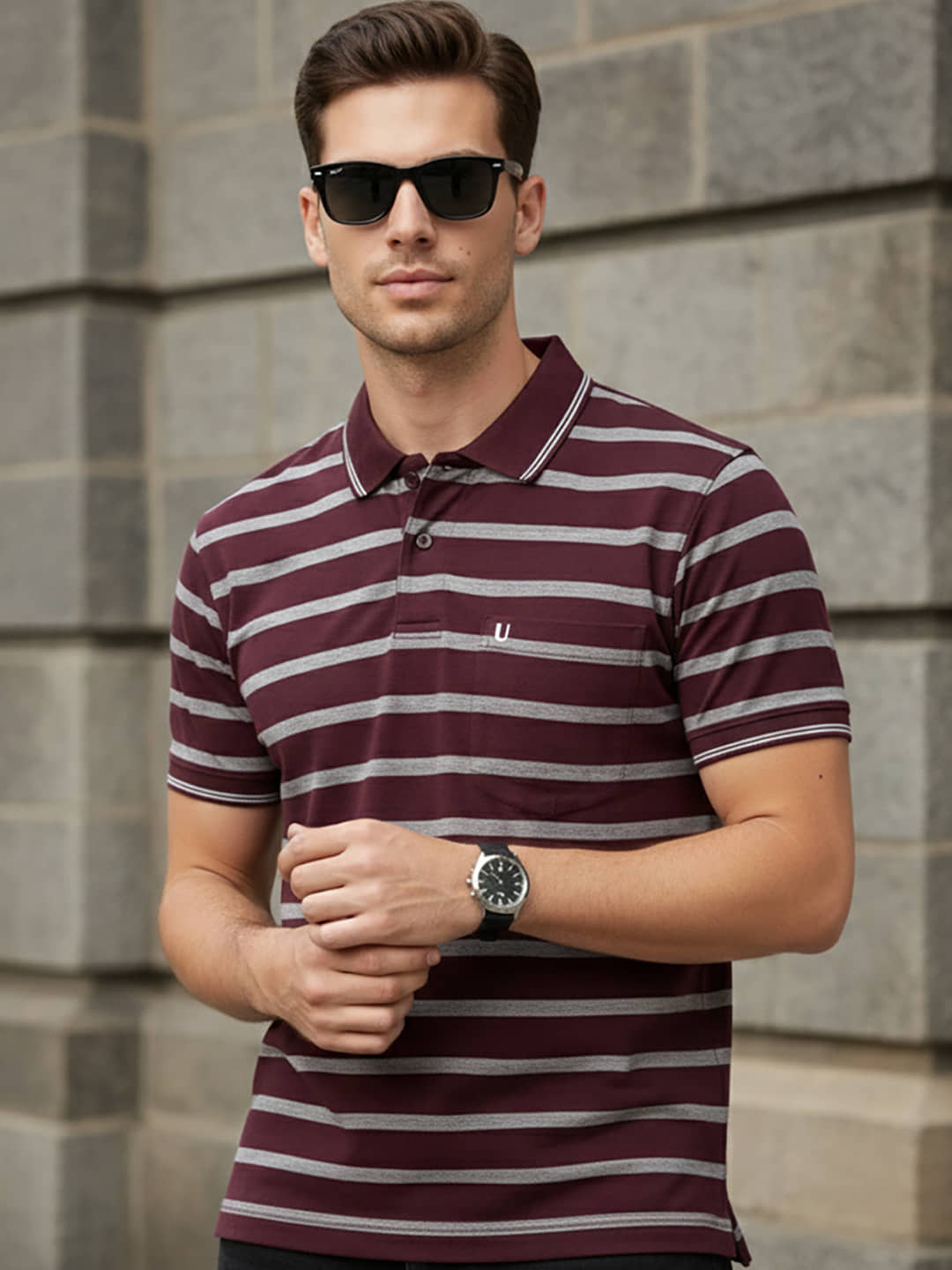 UNIBERRY Men Cotton Blend Regular Fit Striped Polo T Shirt ( Wine )
