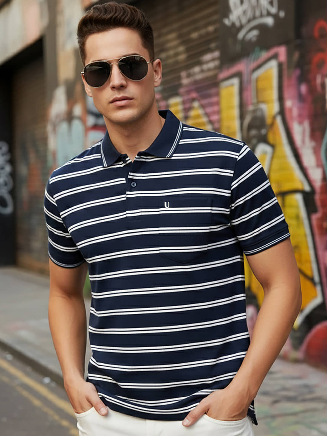 UNIBERRY Men Cotton Blend Regular Fit Striped Polo T Shirt ( Lavender )