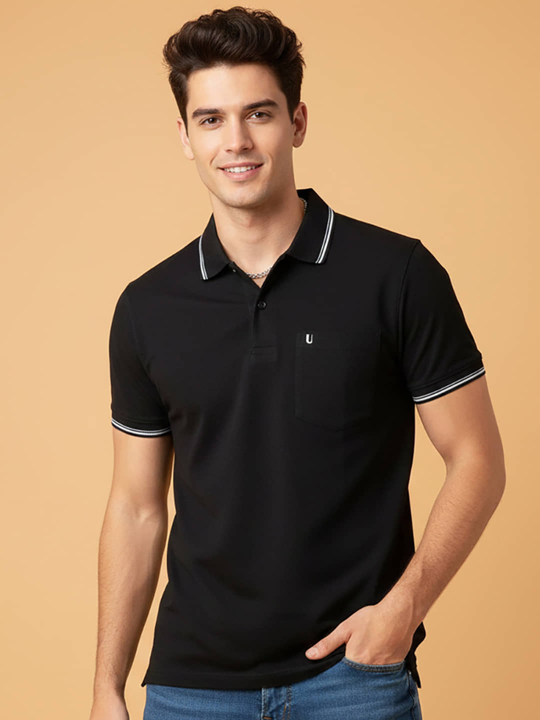 UNIBERRY Men Cotton Blend Regular Fit Solid Polo T Shirt ( Black )