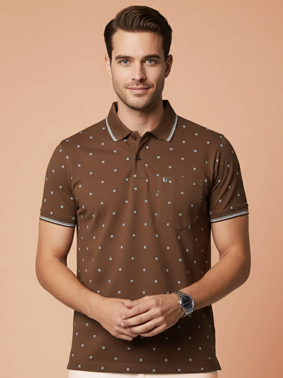 UNIBERRY Men Cotton Blend Regular Fit Printed Polo T Shirt ( Brown )
