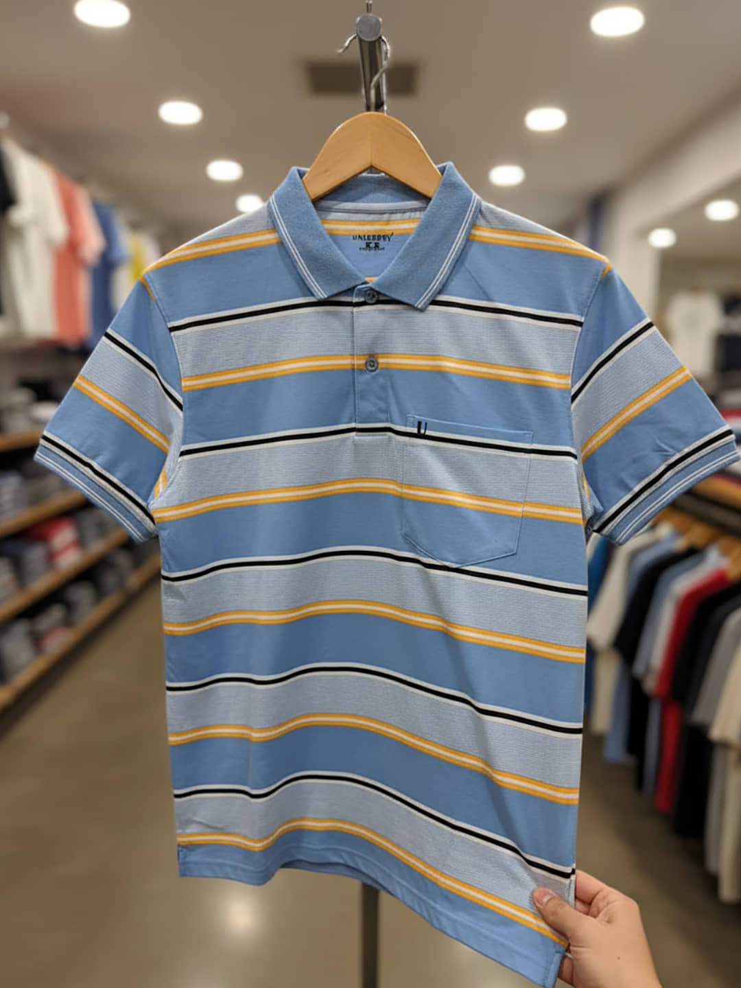 UNIBERRY Men Cotton Blend Regular Fit Striped Polo T Shirt ( Sky Blue )