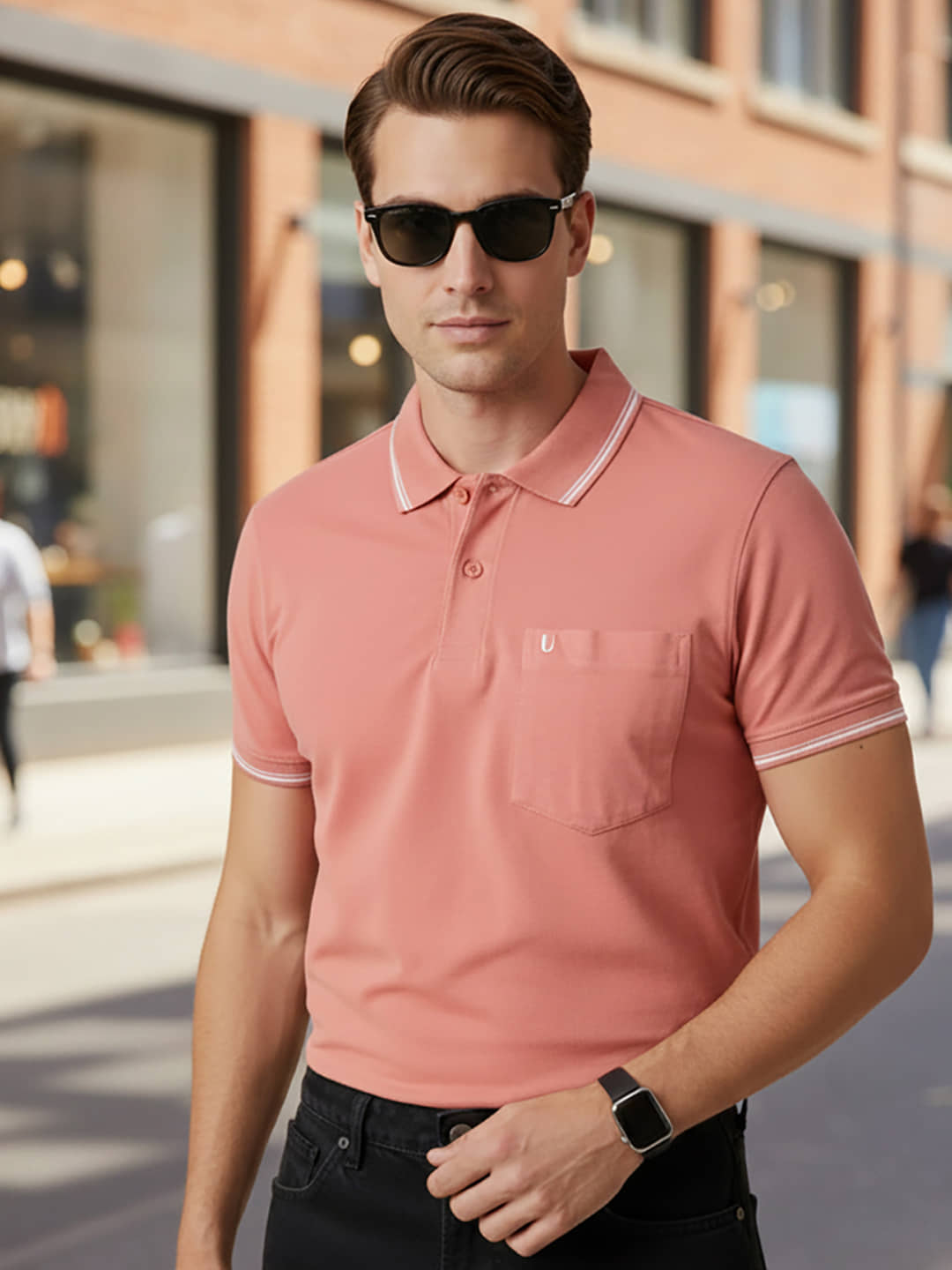UNIBERRY Men Cotton Blend Regular Fit Solid Polo T Shirt ( Peach )