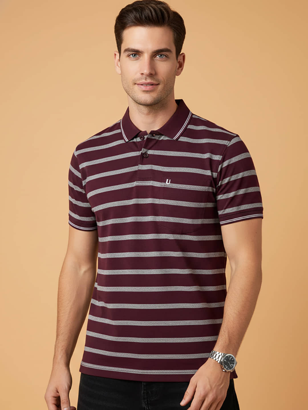 UNIBERRY Men Cotton Blend Regular Fit Striped Polo T Shirt ( Wine )