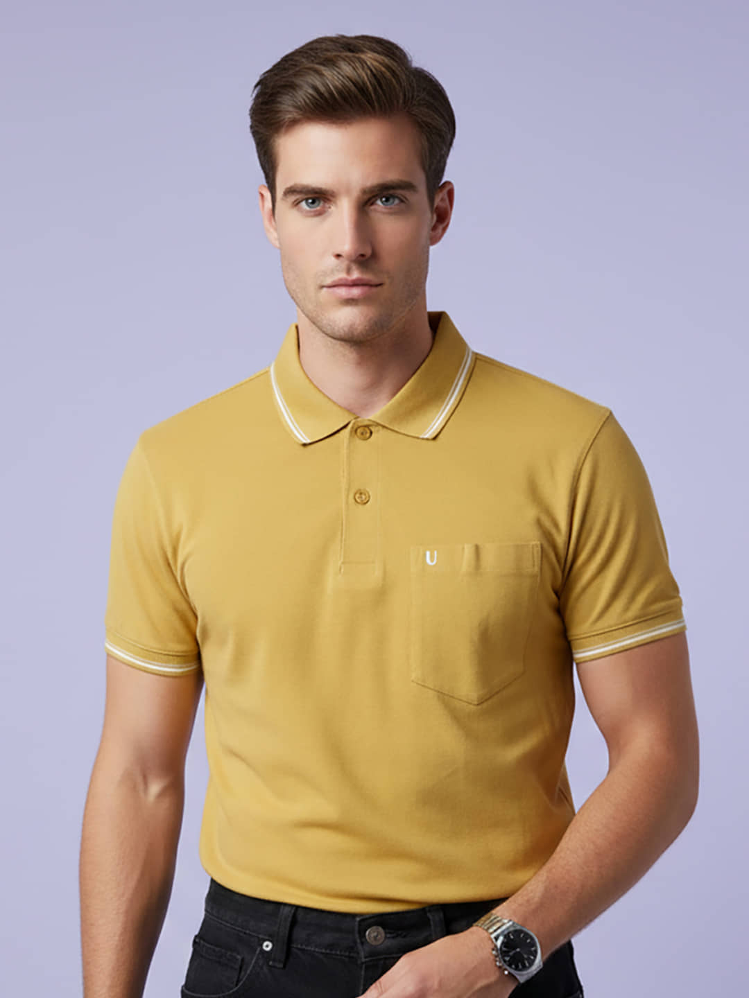 UNIBERRY Men Cotton Blend Regular Fit Solid Polo T Shirt ( Yellow )