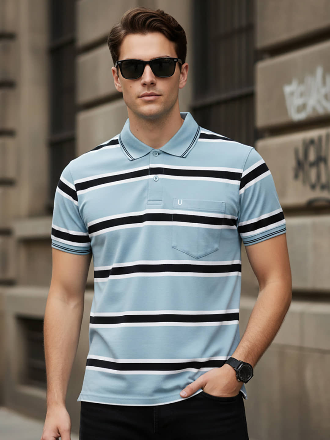 UNIBERRY Men Cotton Blend Regular Fit Striped Polo T Shirt ( Blue )