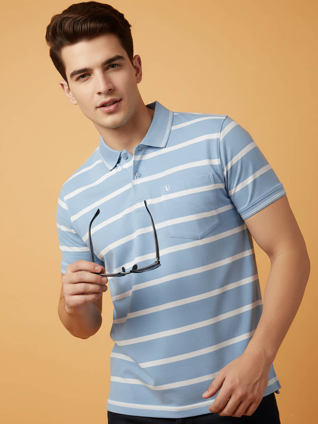 UNIBERRY Men Cotton Blend Regular Fit Striped Polo T Shirt ( Sky Blue )