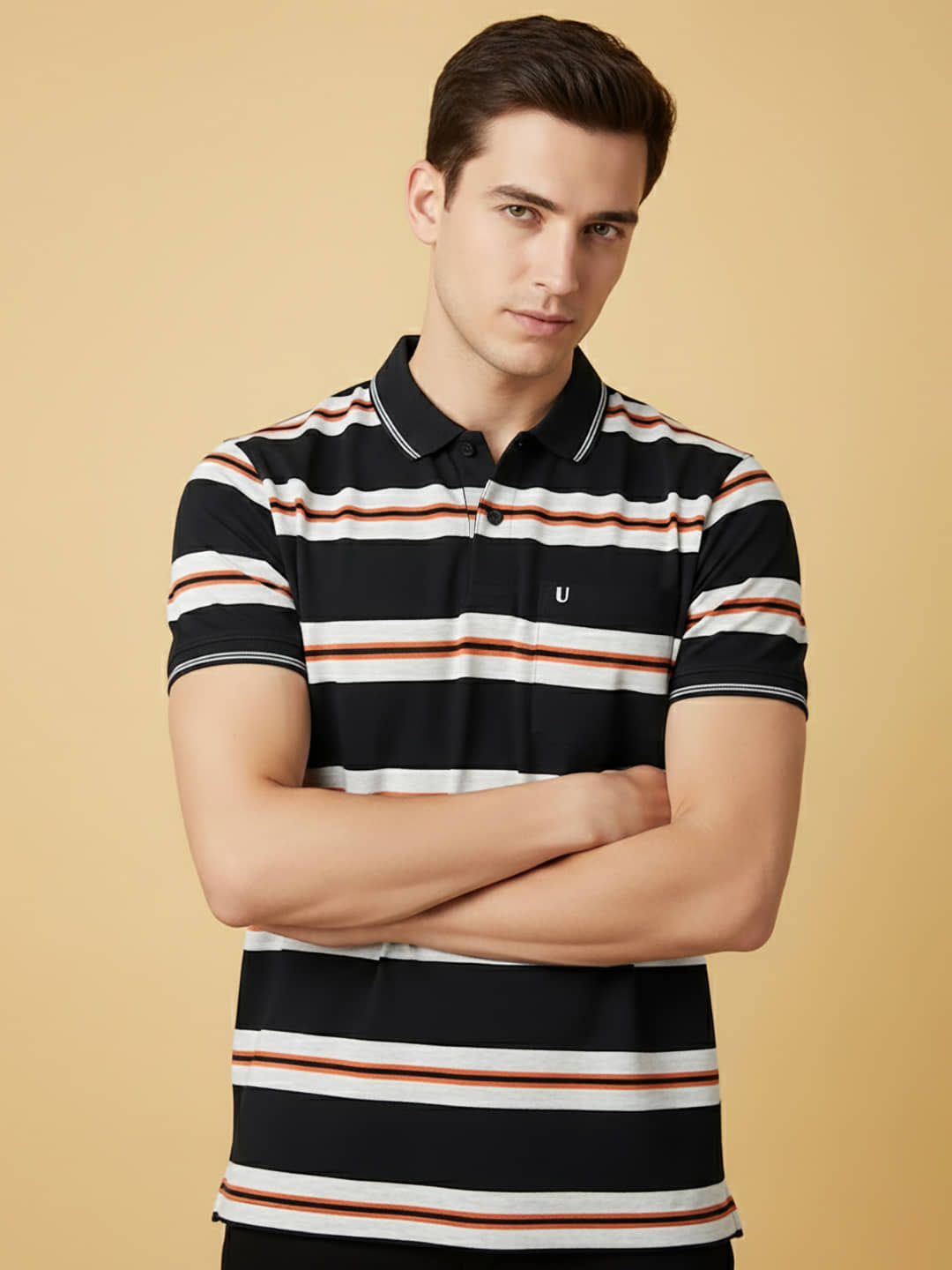 UNIBERRY Men Cotton Blend Regular Fit Striped Polo T Shirt ( Navy )