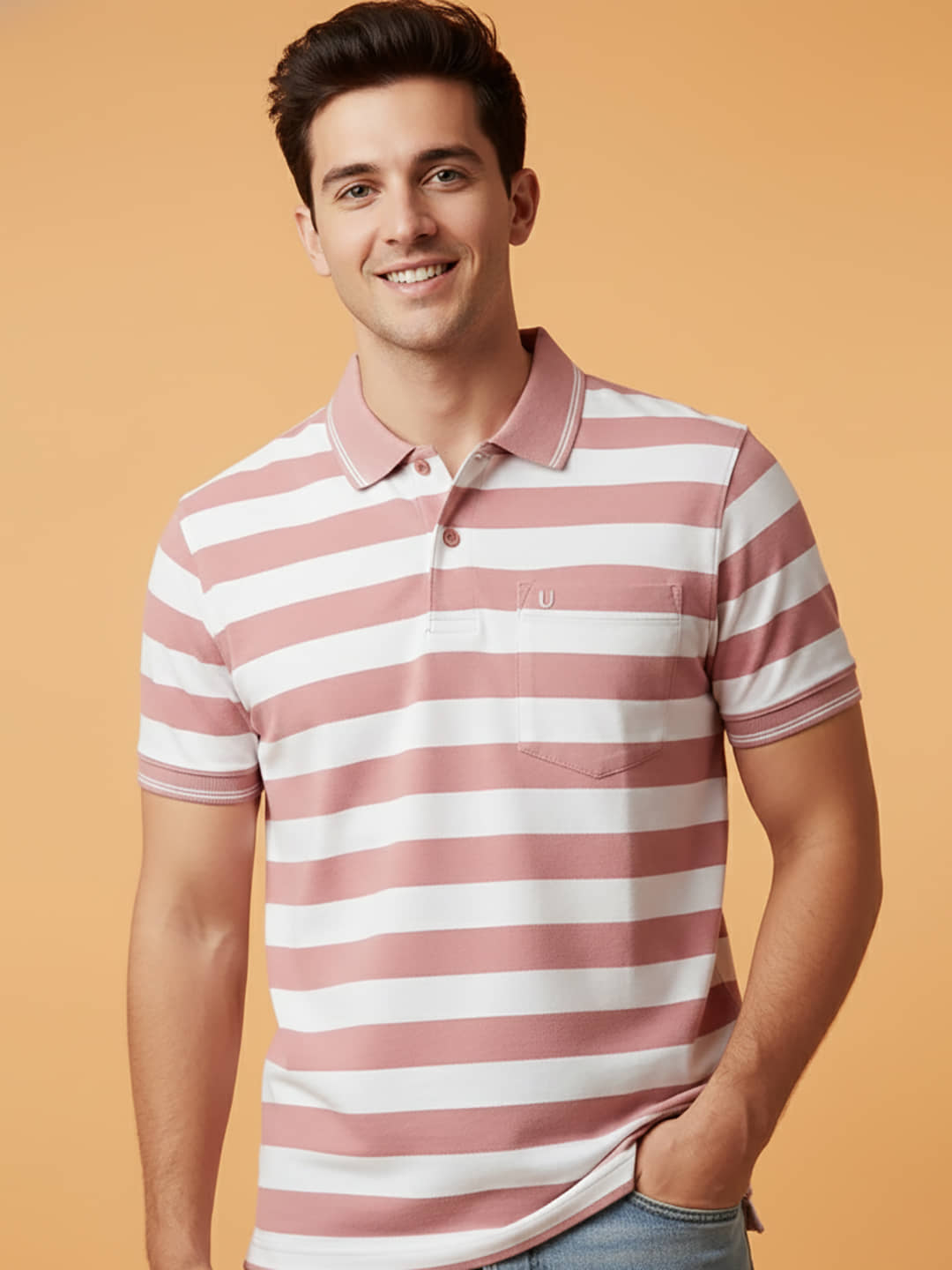 UNIBERRY Men Cotton Blend Regular Fit Striped Polo T Shirt ( Pink )