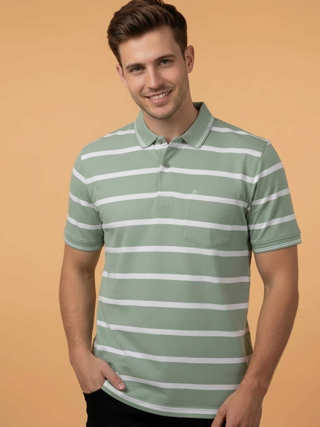 UNIBERRY Men Cotton Blend Regular Fit Striped Polo T Shirt ( Green )