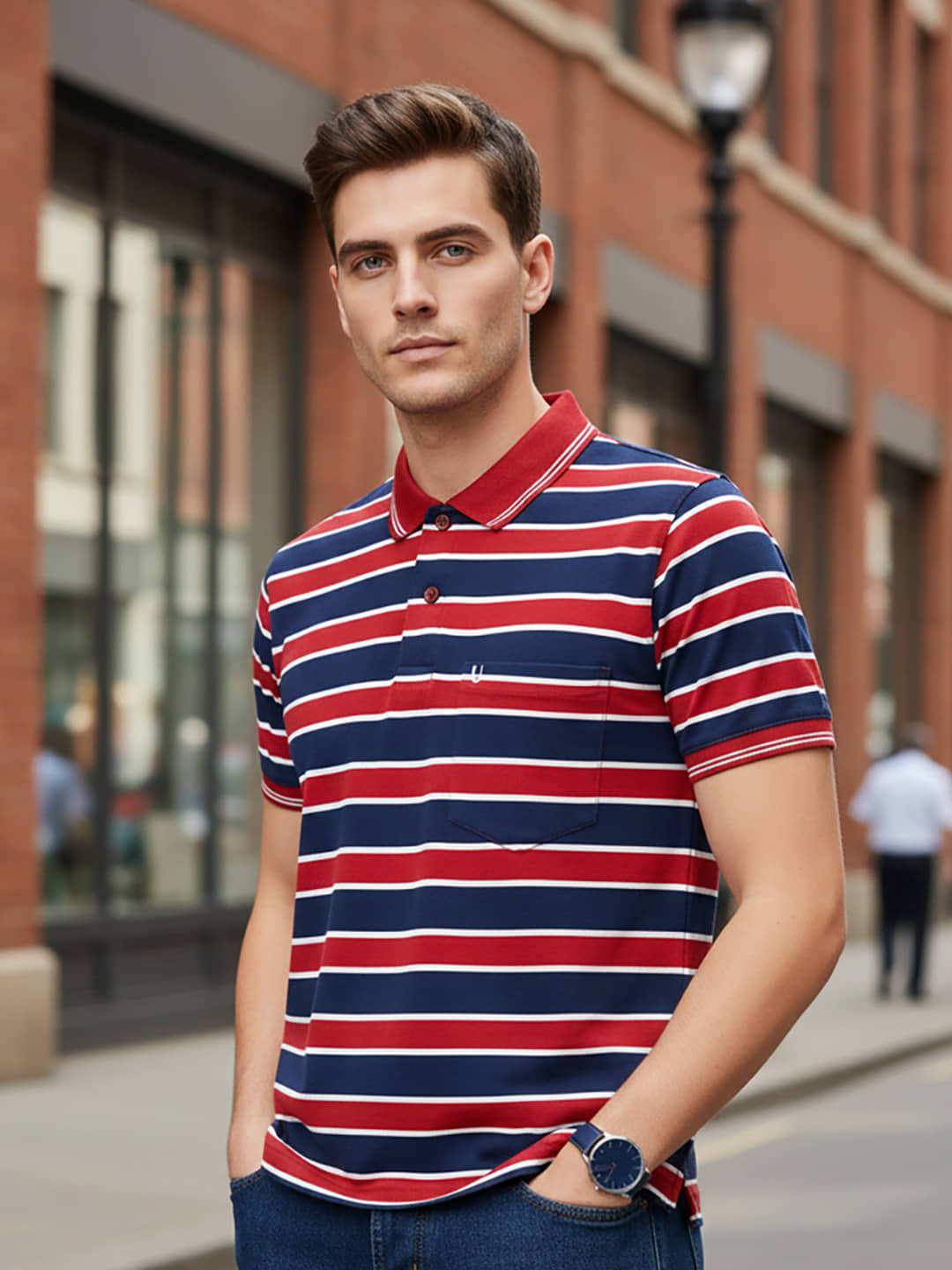 UNIBERRY Men Cotton Blend Regular Fit Striped Polo T Shirt ( Maroon )