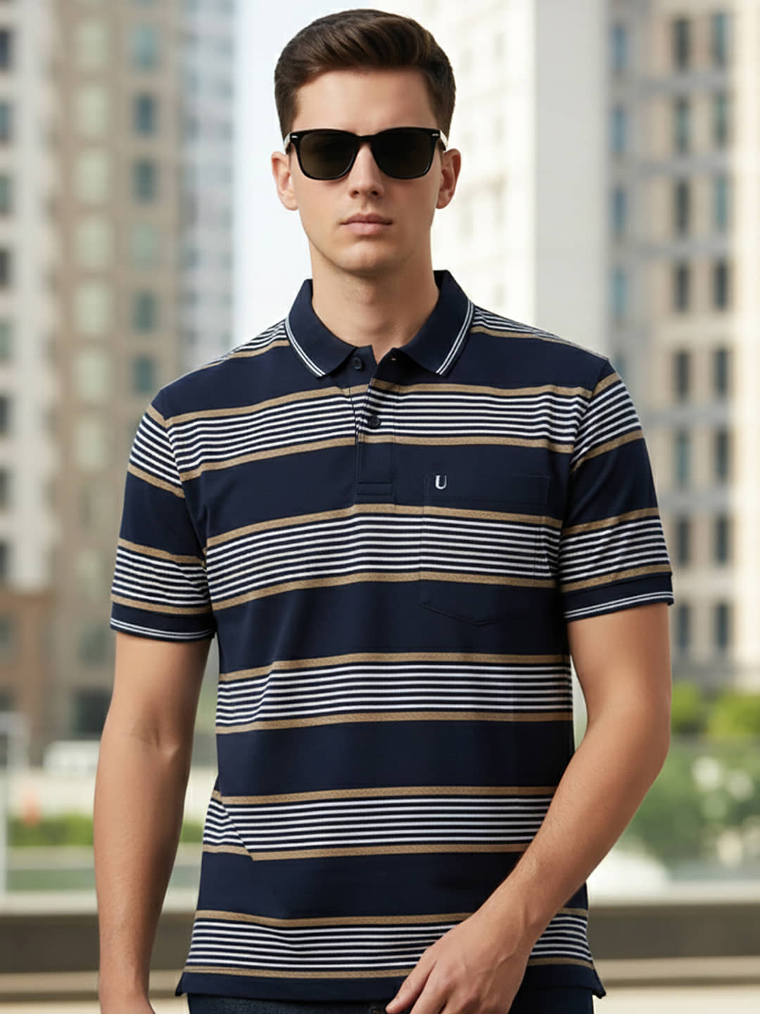 UNIBERRY Men Cotton Blend Regular Fit Striped Polo T Shirt ( Navy )