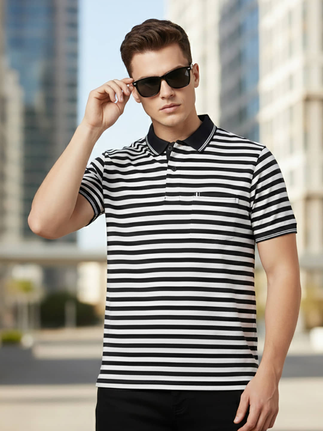 UNIBERRY Men Cotton Blend Regular Fit Striped Polo T Shirt ( Navy )