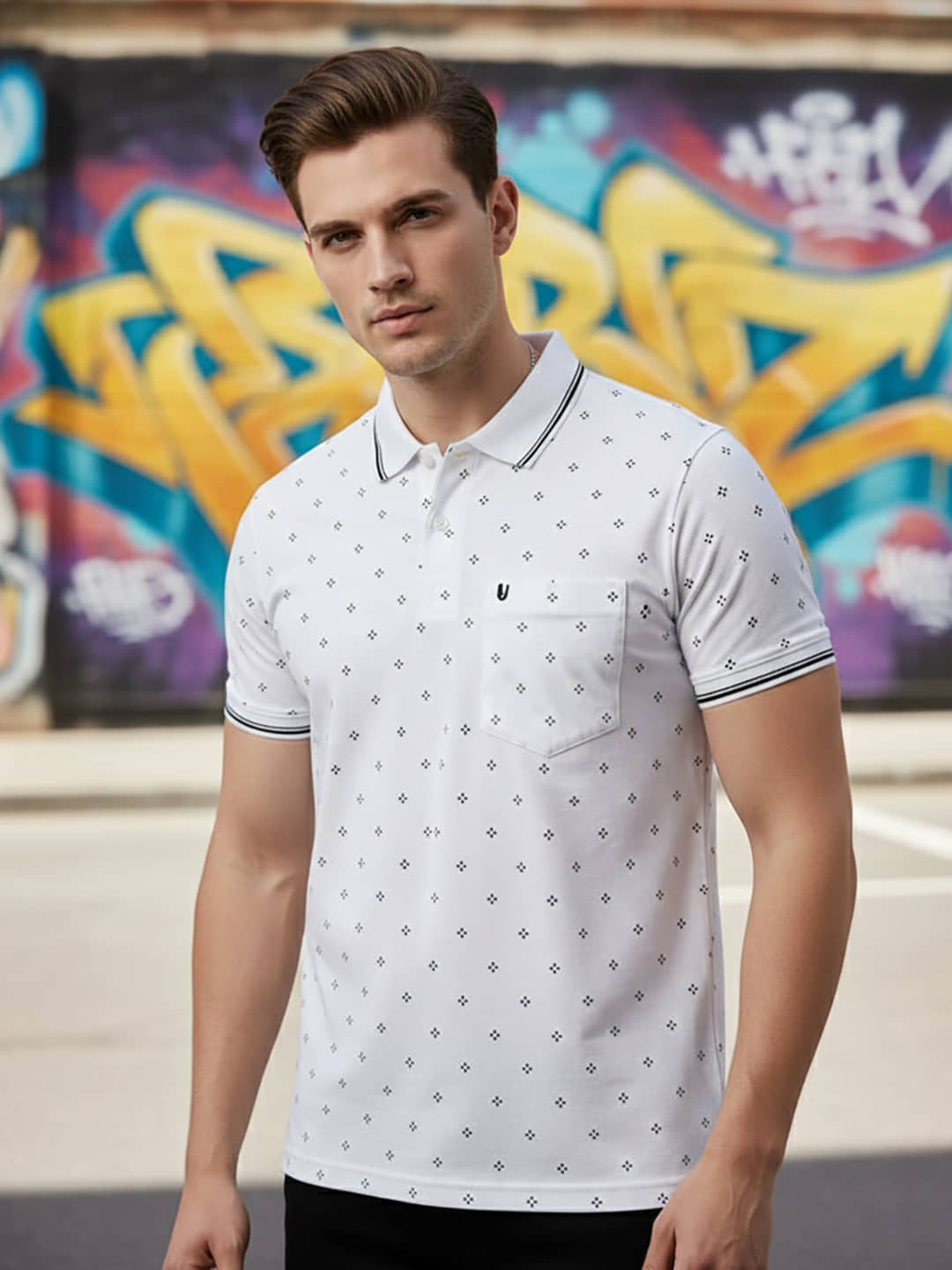 UNIBERRY Men Cotton Blend Regular Fit Printed Polo T Shirt ( White )