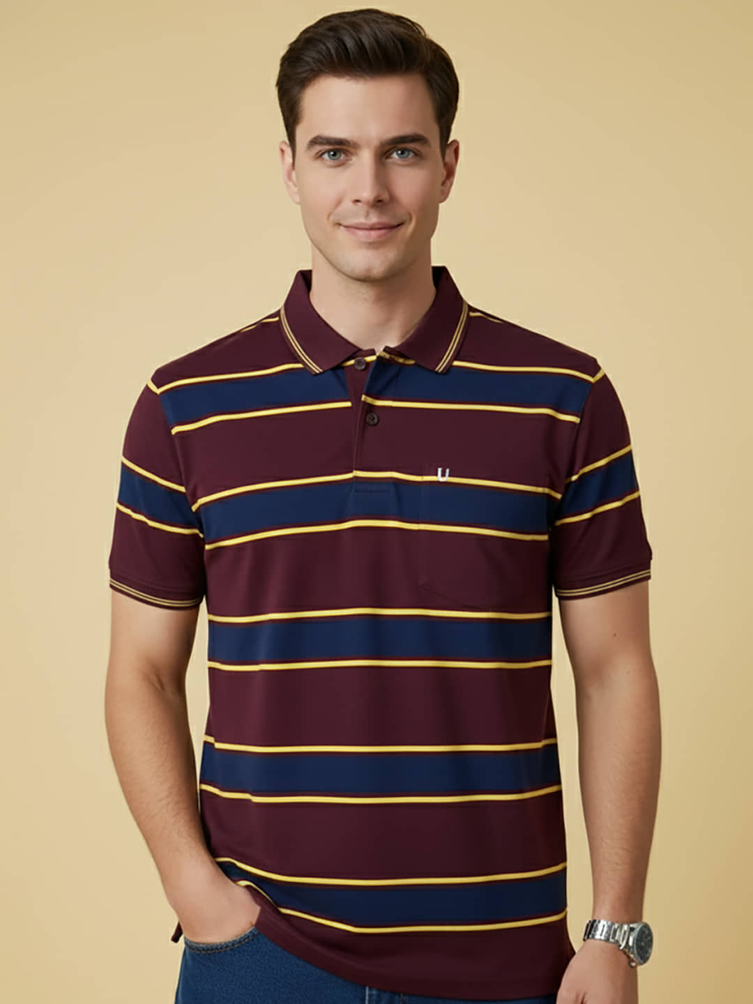 UNIBERRY Men Cotton Blend Regular Fit Striped Polo T Shirt ( Maroon )