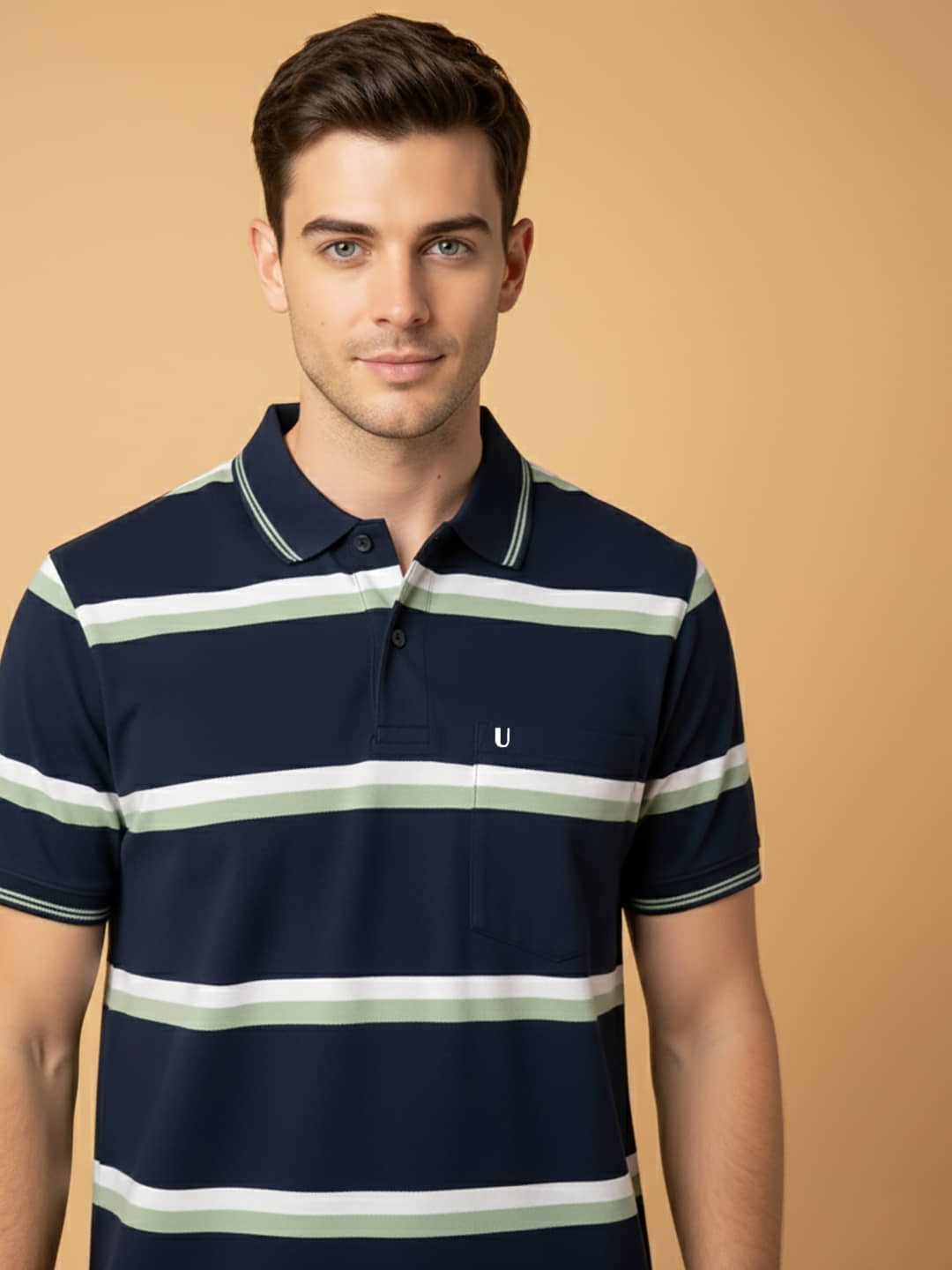 UNIBERRY Men Cotton Blend Regular Fit Striped Polo T Shirt ( Navy )