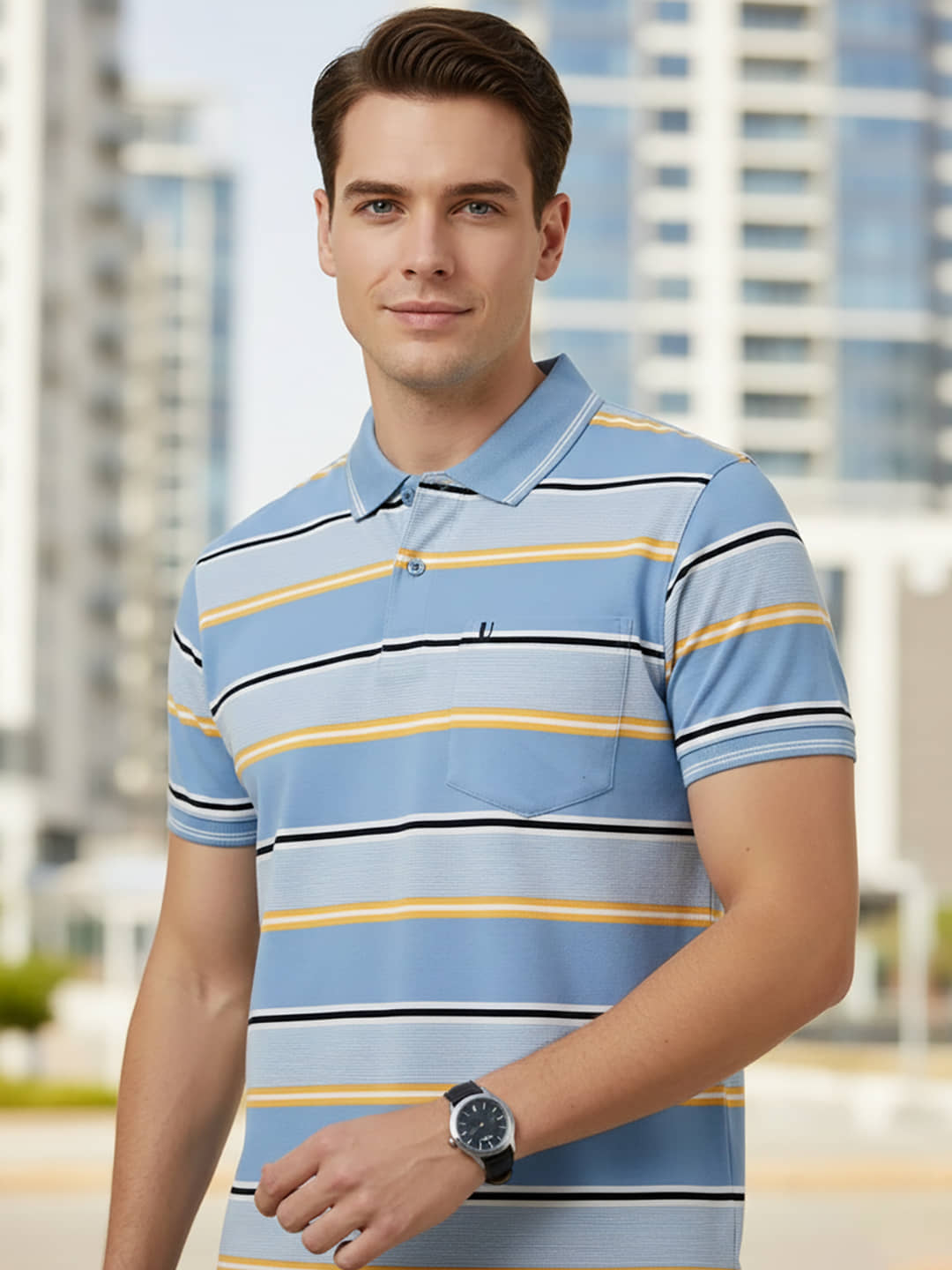 UNIBERRY Men Cotton Blend Regular Fit Striped Polo T Shirt ( Sky Blue )