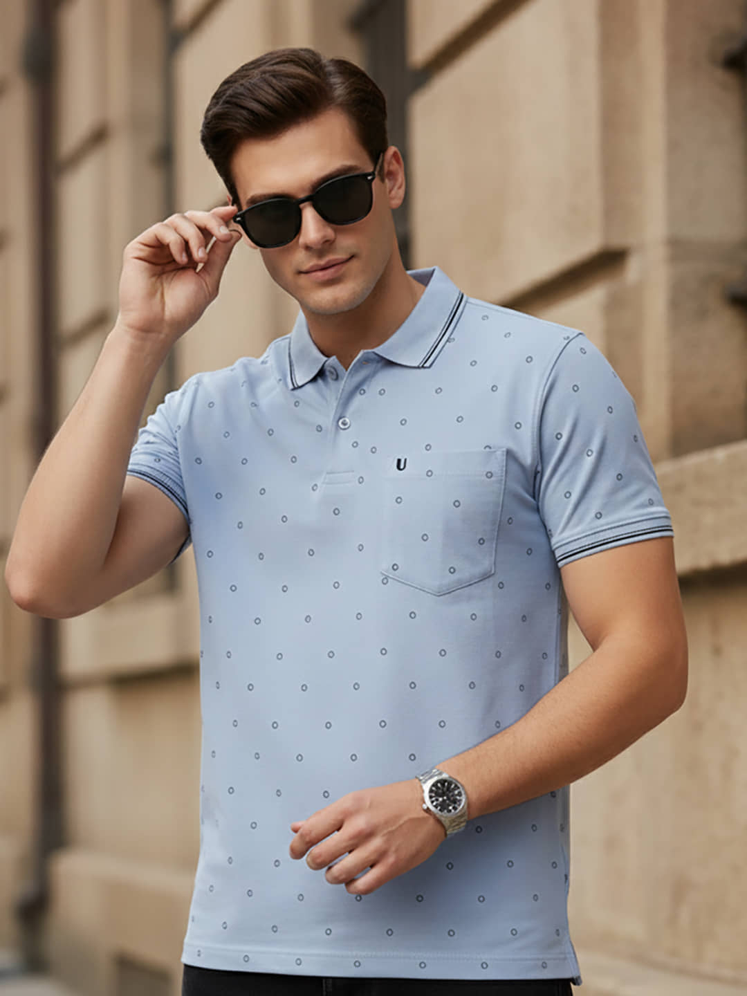 UNIBERRY Men Cotton Blend Regular Fit Printed Polo T Shirt ( Sky Blue )
