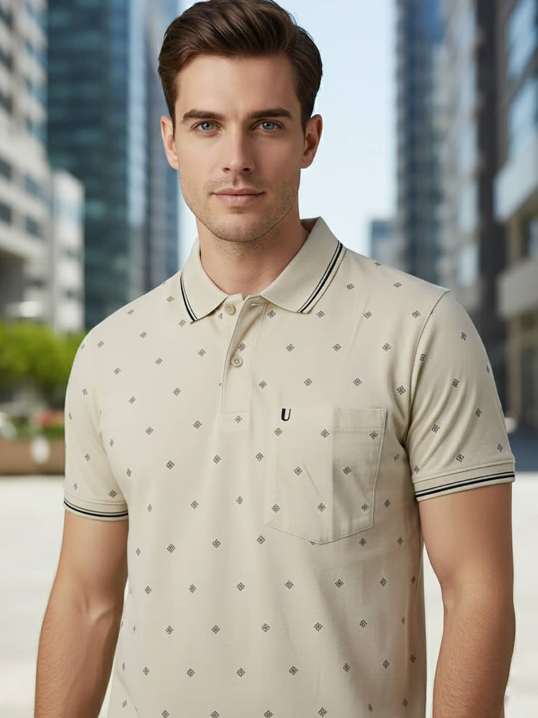 UNIBERRY Men Cotton Blend Regular Fit Printed Polo T Shirt ( Beige )