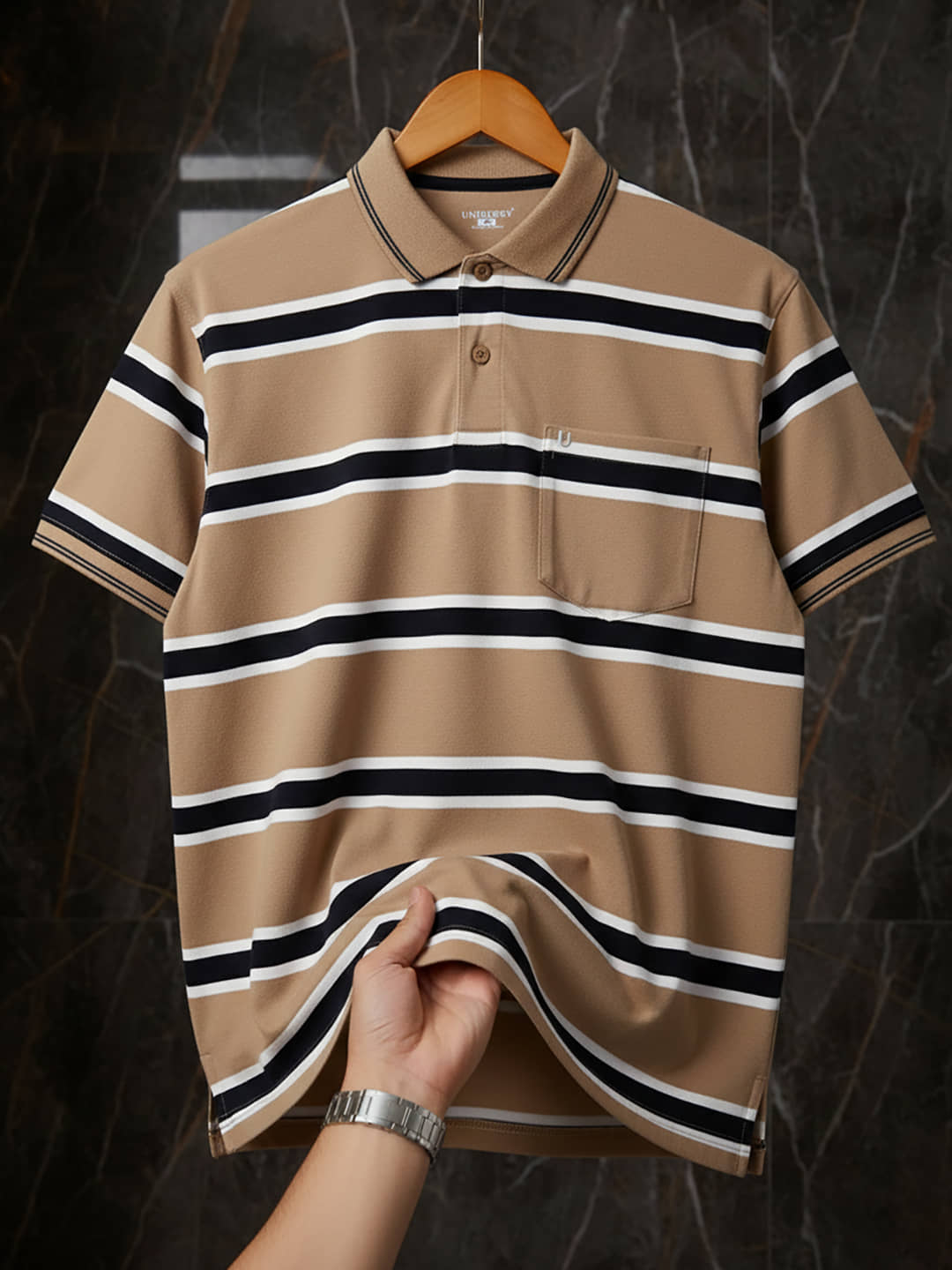 UNIBERRY Men Cotton Blend Regular Fit Striped Polo T Shirt ( Beige )