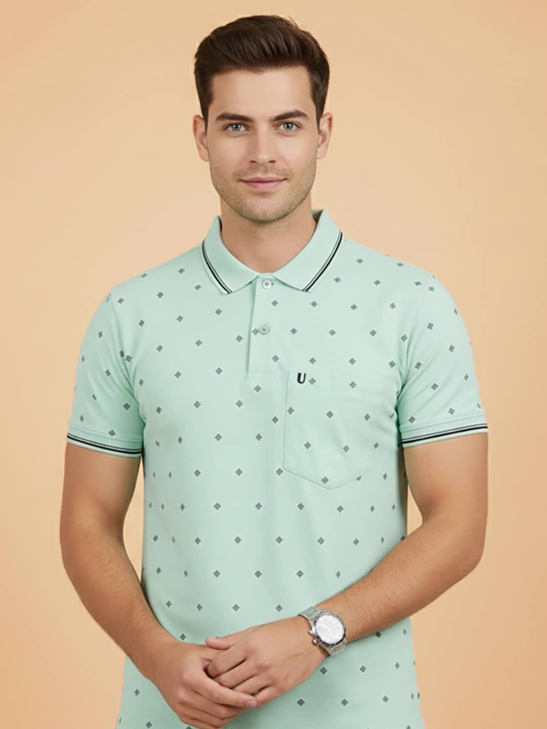 UNIBERRY Men Cotton Blend Regular Fit Printed Polo T Shirt ( Mint Green )
